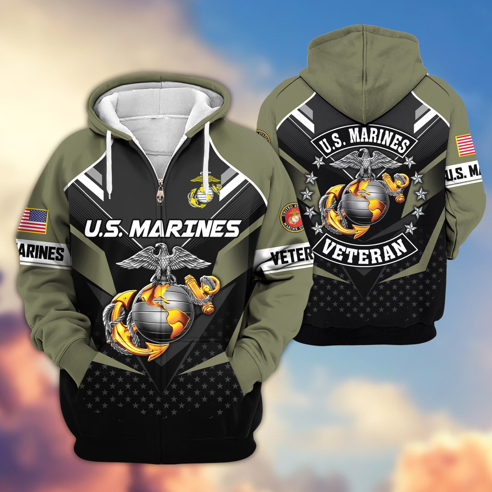 Premium US Veterans Zip Hoodie, Gifts For US Veterans, Gifts On Father's Day, Veterans Day.