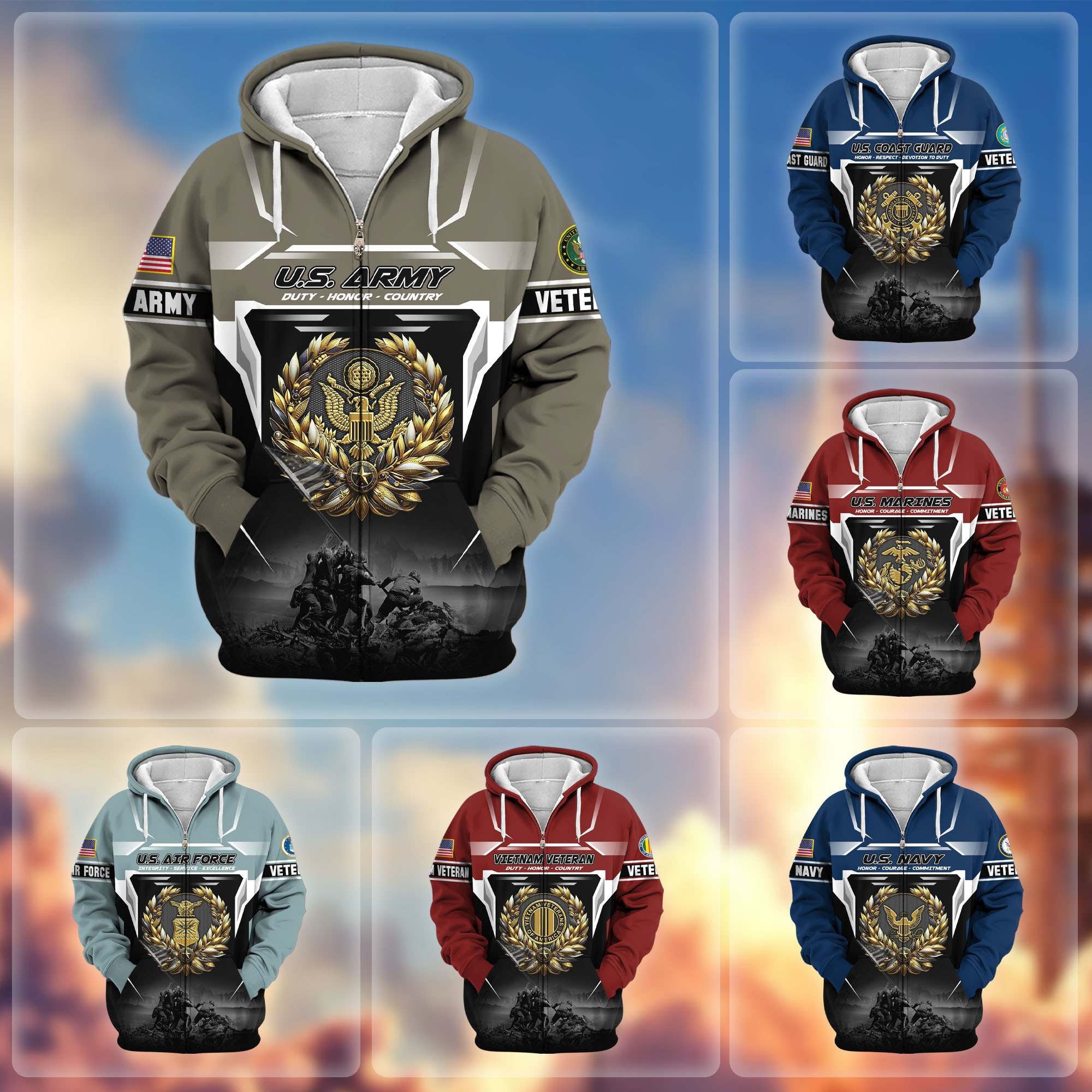 Premium US Veterans Zip Hoodie, Gifts For US Veterans, Gifts On Father's Day, Veterans Day.
