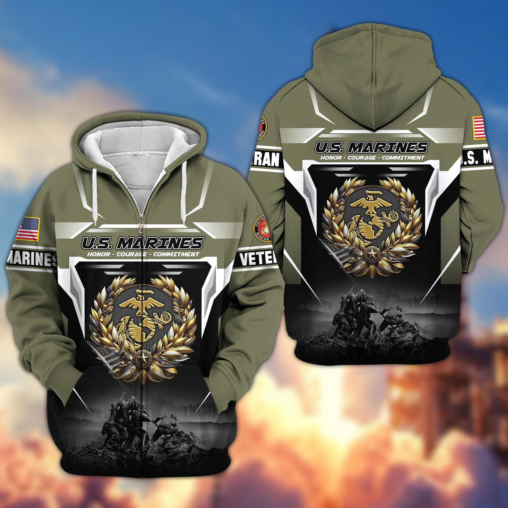 Premium US Veterans Zip Hoodie, Gifts For US Veterans, Gifts On Father's Day, Veterans Day.