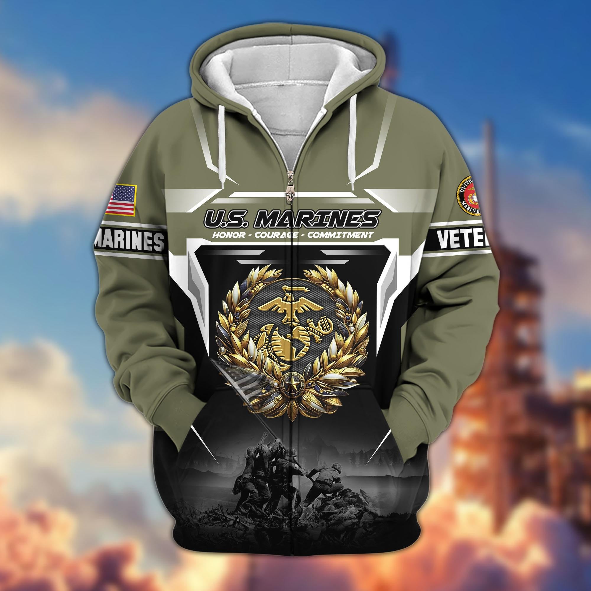 Premium US Veterans Zip Hoodie, Gifts For US Veterans, Gifts On Father's Day, Veterans Day.