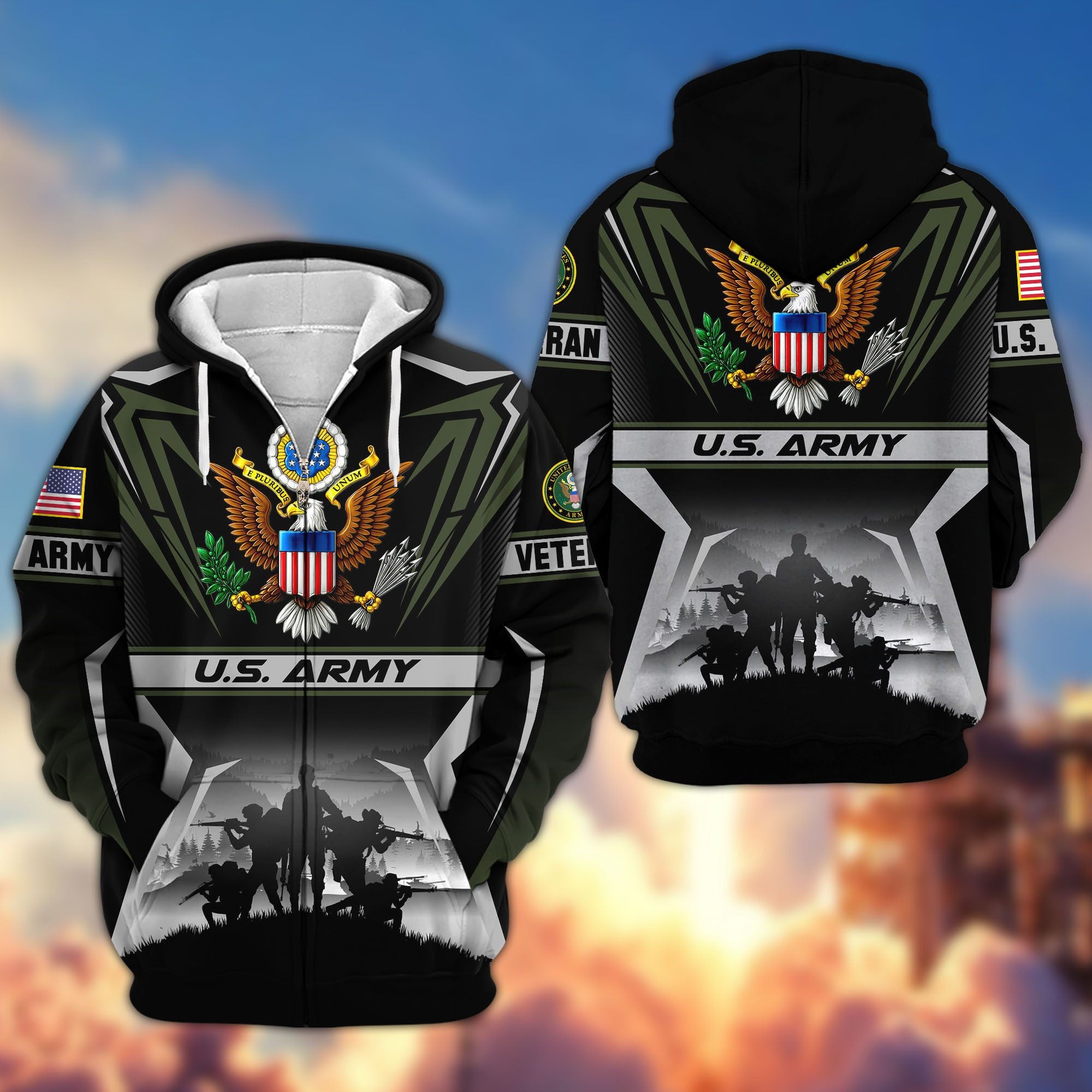 Premium US Veterans Zip Hoodie, Gifts For US Veterans, Gifts On Father's Day, Veterans Day.