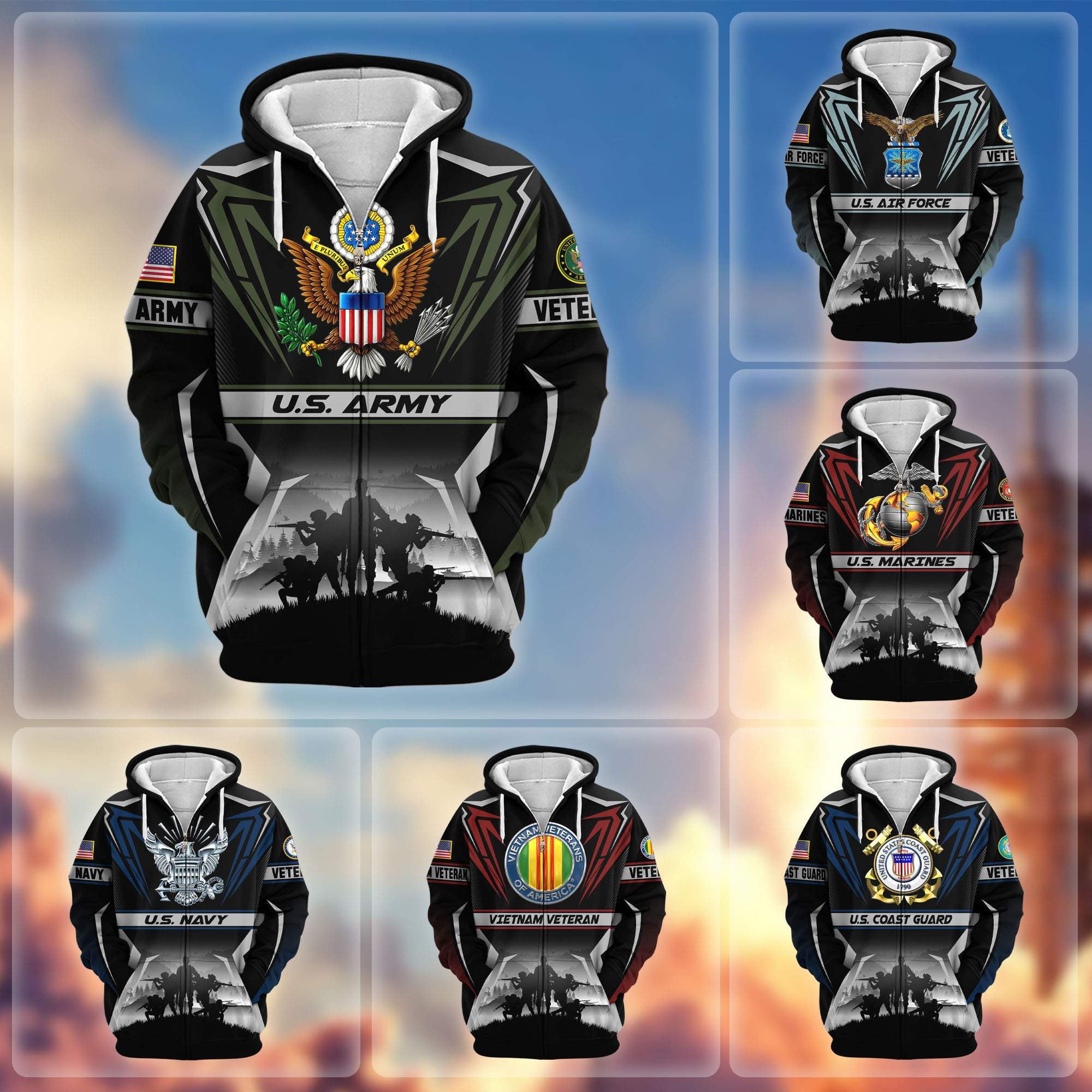 Premium US Veterans Zip Hoodie, Gifts For US Veterans, Gifts On Father's Day, Veterans Day.