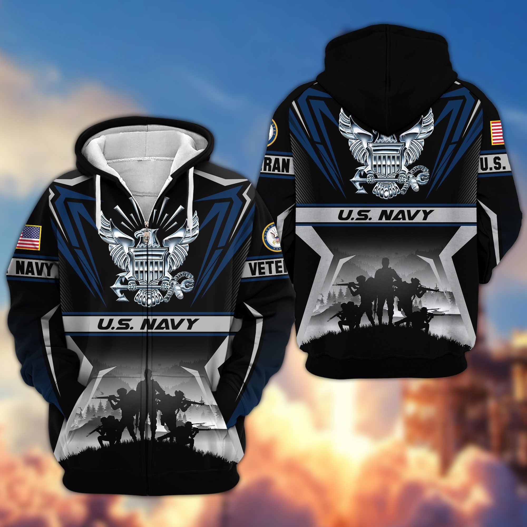 Premium US Veterans Zip Hoodie, Gifts For US Veterans, Gifts On Father's Day, Veterans Day.