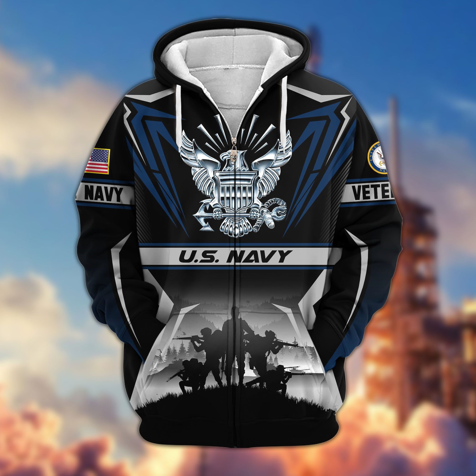 Premium US Veterans Zip Hoodie, Gifts For US Veterans, Gifts On Father's Day, Veterans Day.