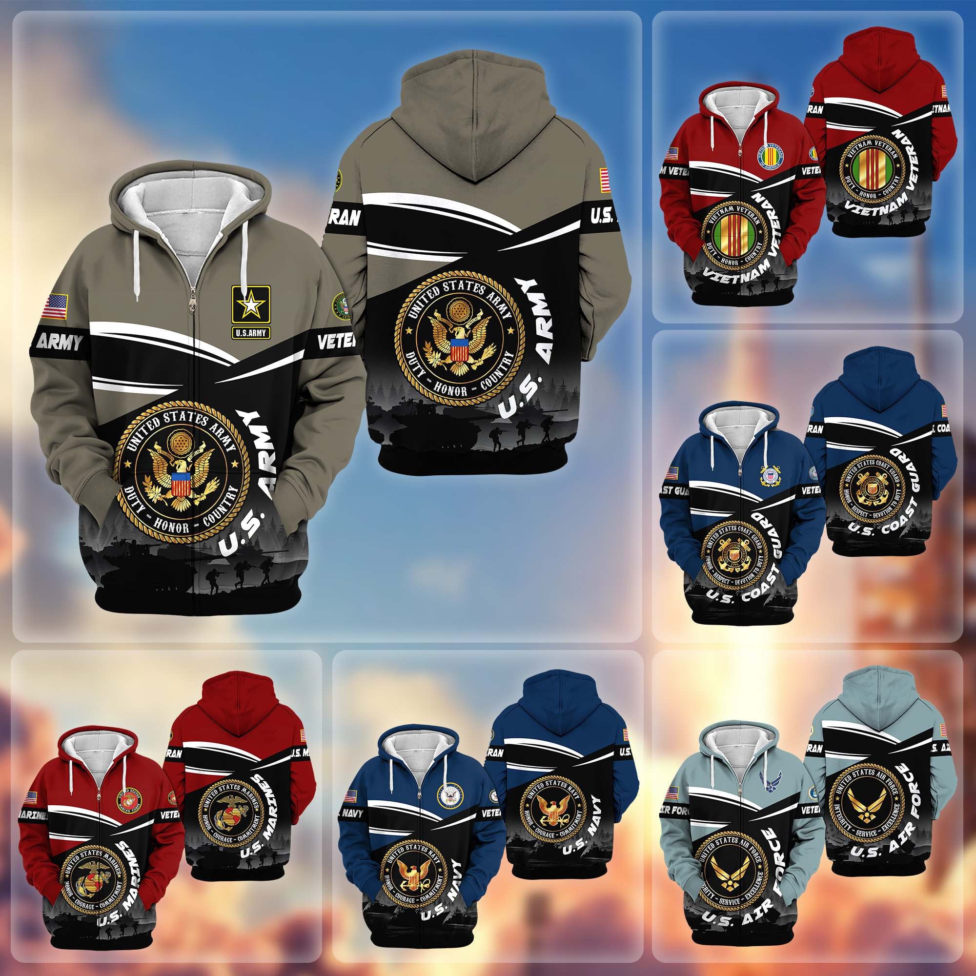 Premium US Veterans Zip Hoodie, Gifts For US Veterans, Gifts On Father's Day, Veterans Day.