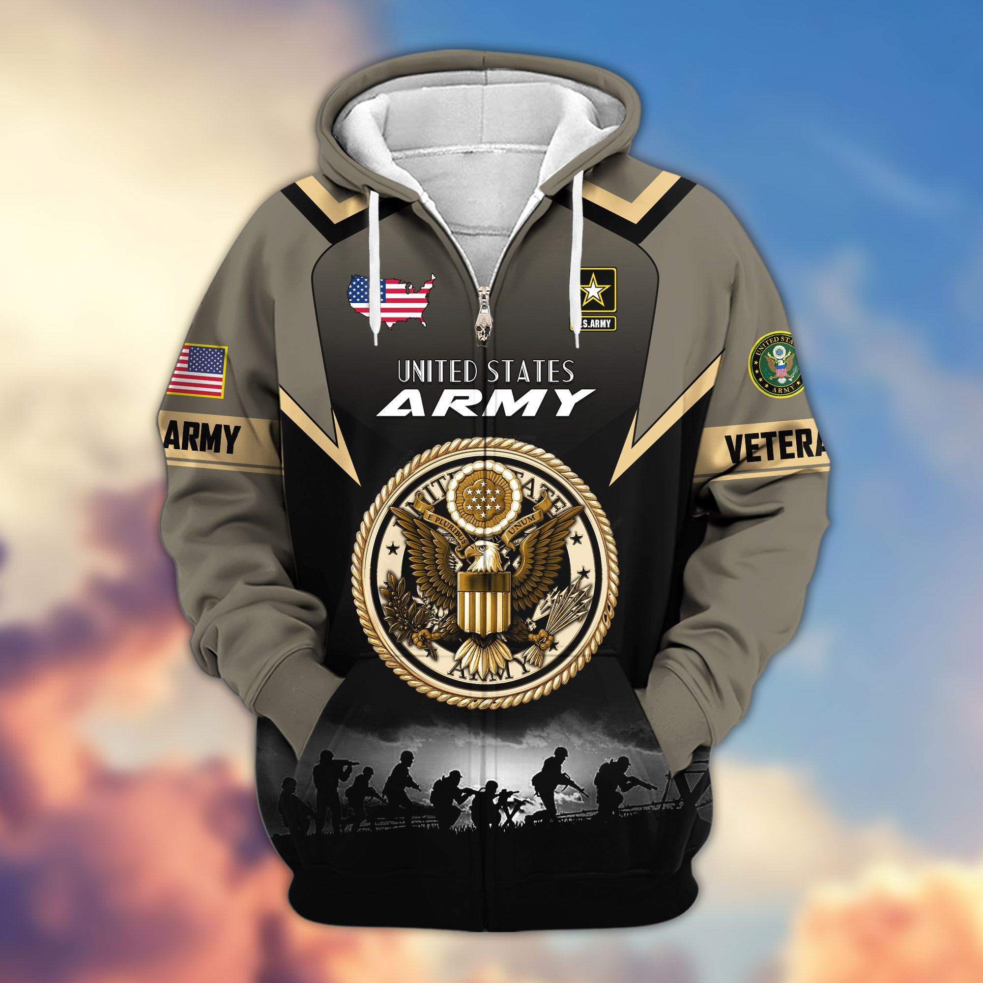 Premium US Veterans Zip Hoodie, Gifts For US Veterans, Gifts On Father's Day, Veterans Day.