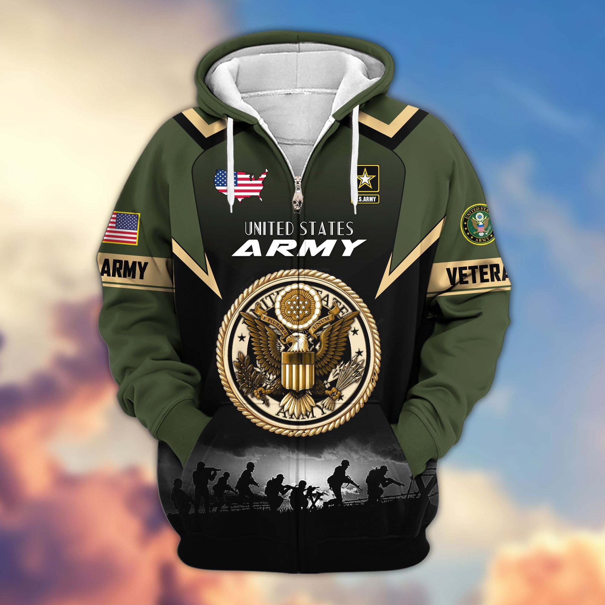 Premium US Veterans Zip Hoodie, Gifts For US Veterans, Gifts On Father's Day, Veterans Day.