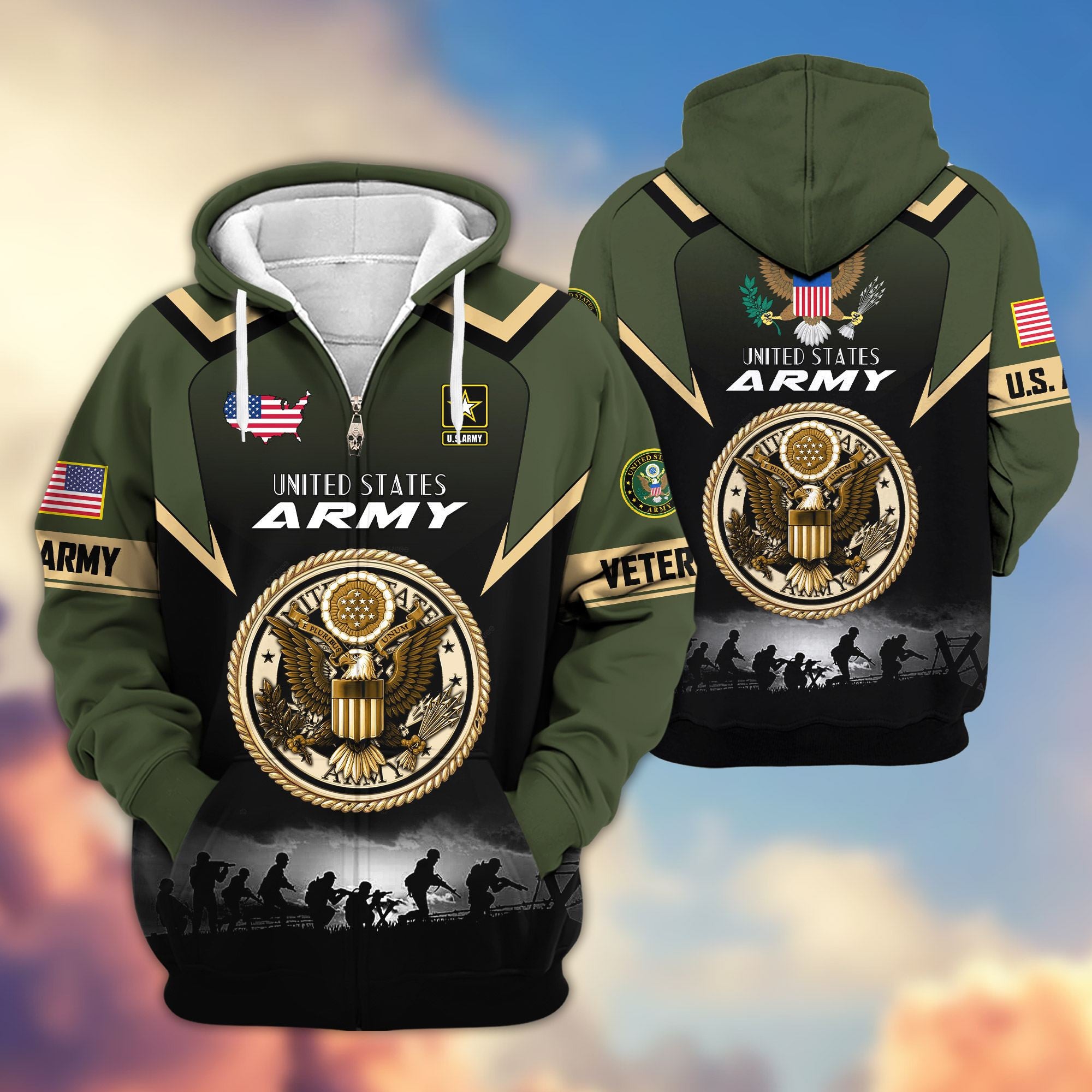 Premium US Veterans Zip Hoodie, Gifts For US Veterans, Gifts On Father's Day, Veterans Day.