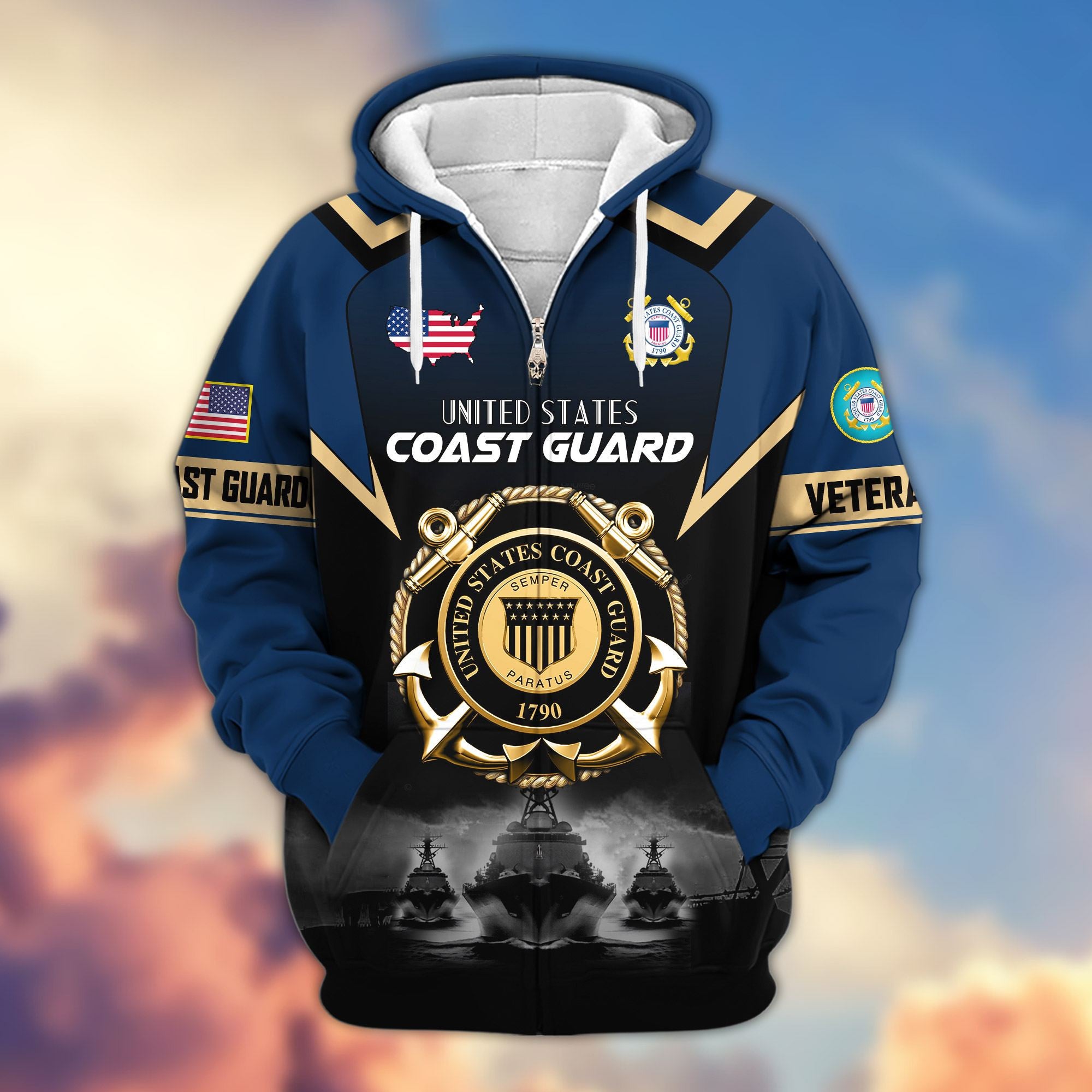 Premium US Veterans Zip Hoodie, Gifts For US Veterans, Gifts On Father's Day, Veterans Day.