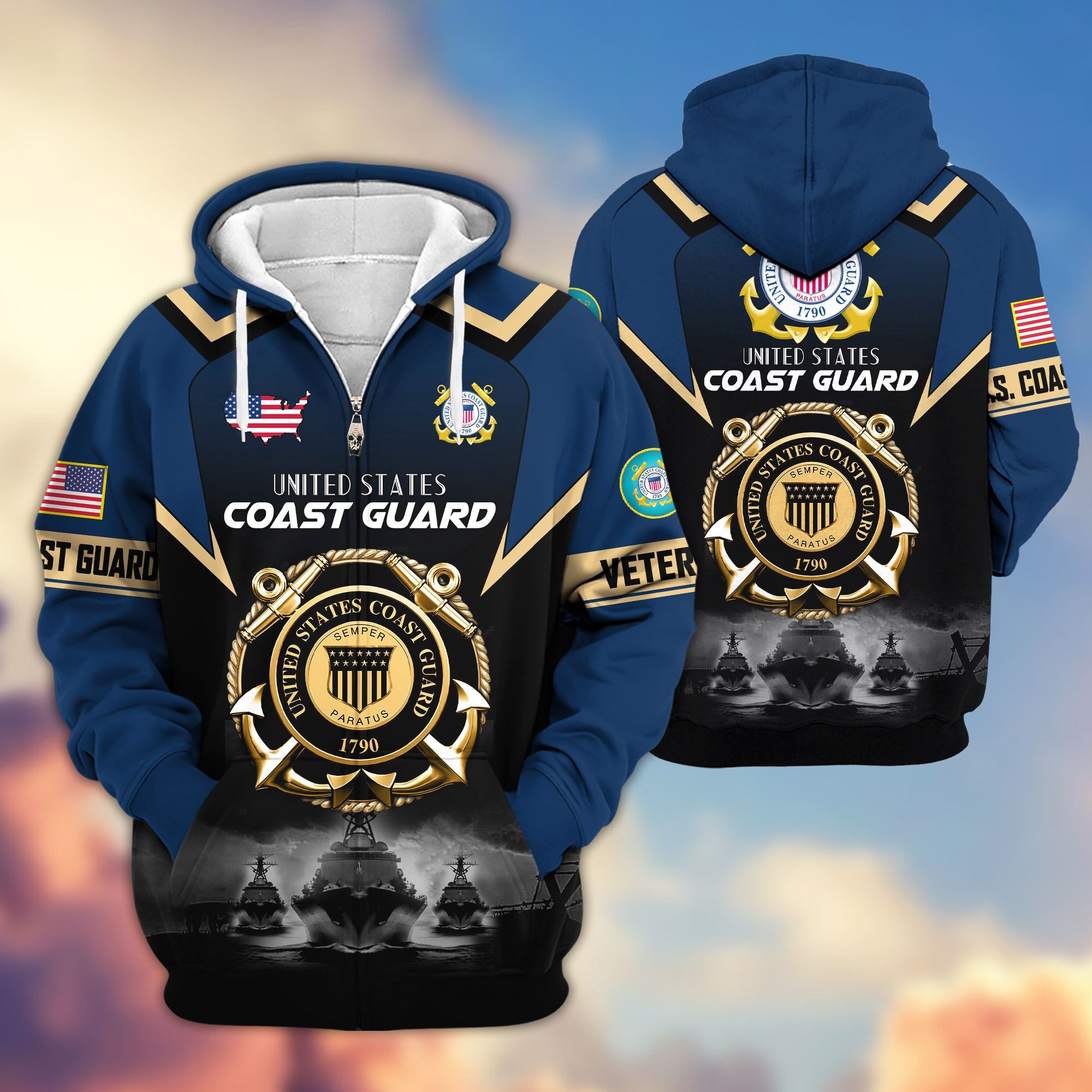 Premium US Veterans Zip Hoodie, Gifts For US Veterans, Gifts On Father's Day, Veterans Day.