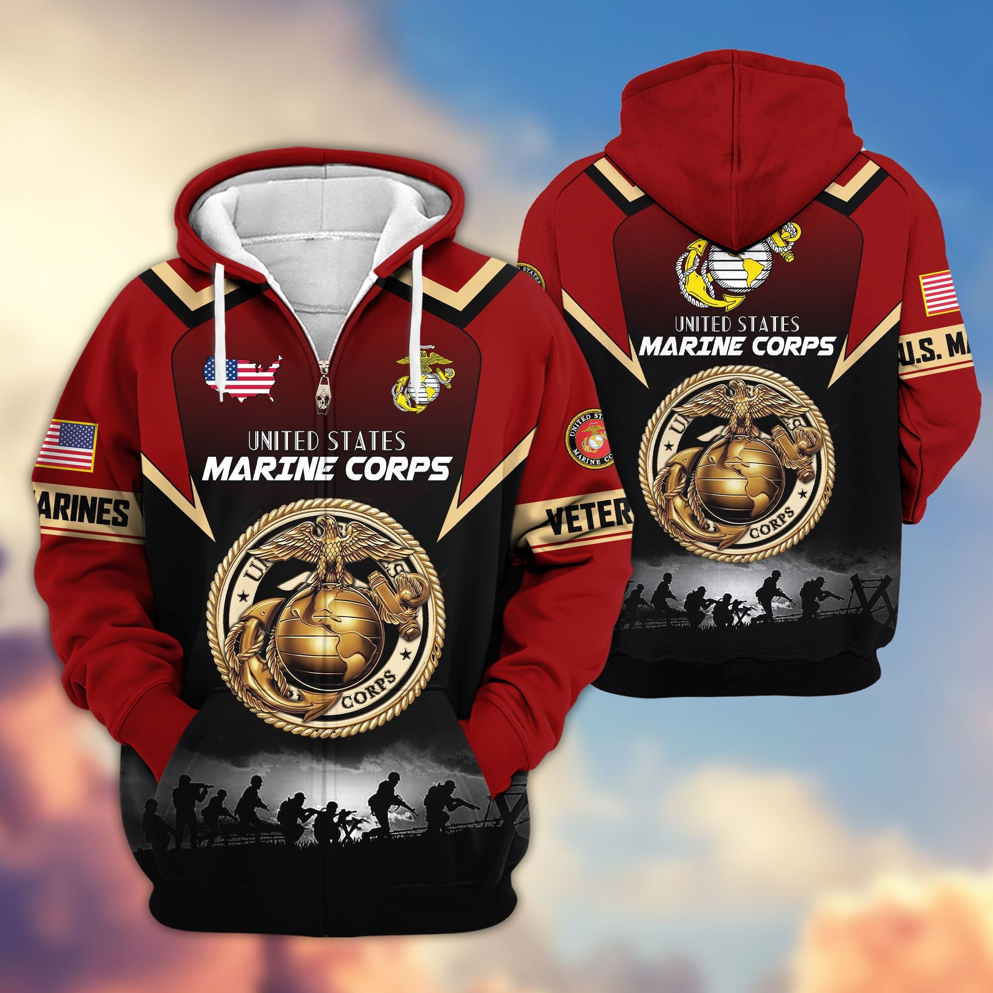 Premium US Veterans Zip Hoodie, Gifts For US Veterans, Gifts On Father's Day, Veterans Day.