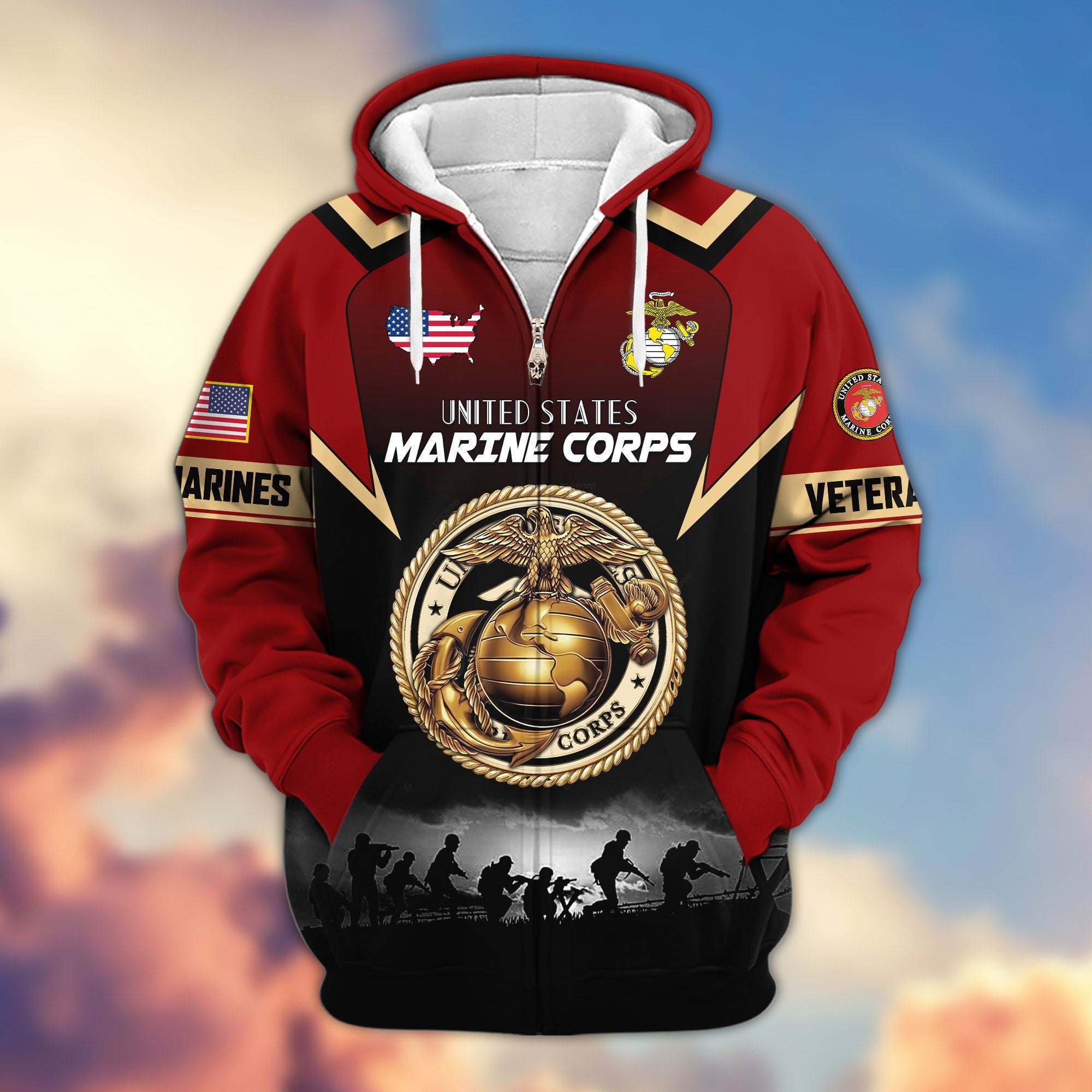 Premium US Veterans Zip Hoodie, Gifts For US Veterans, Gifts On Father's Day, Veterans Day.