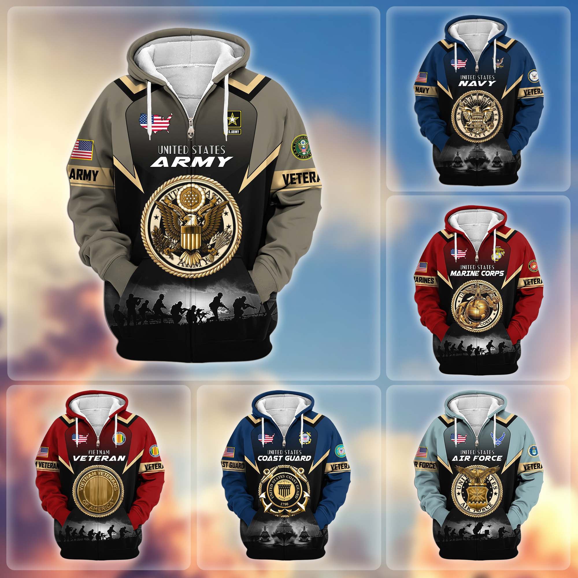 Premium US Veterans Zip Hoodie, Gifts For US Veterans, Gifts On Father's Day, Veterans Day.