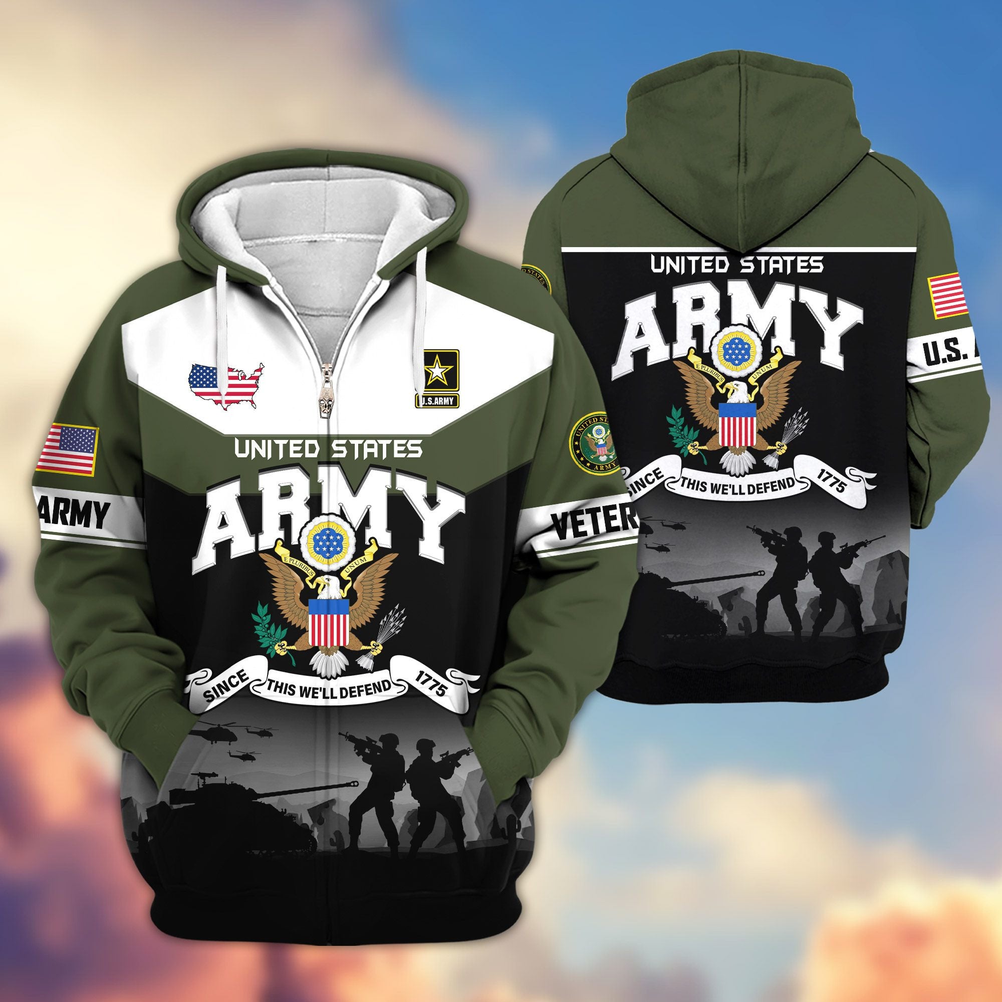 Premium US Veterans Zip Hoodie, Gifts For US Veterans, Gifts On Father's Day, Veterans Day.