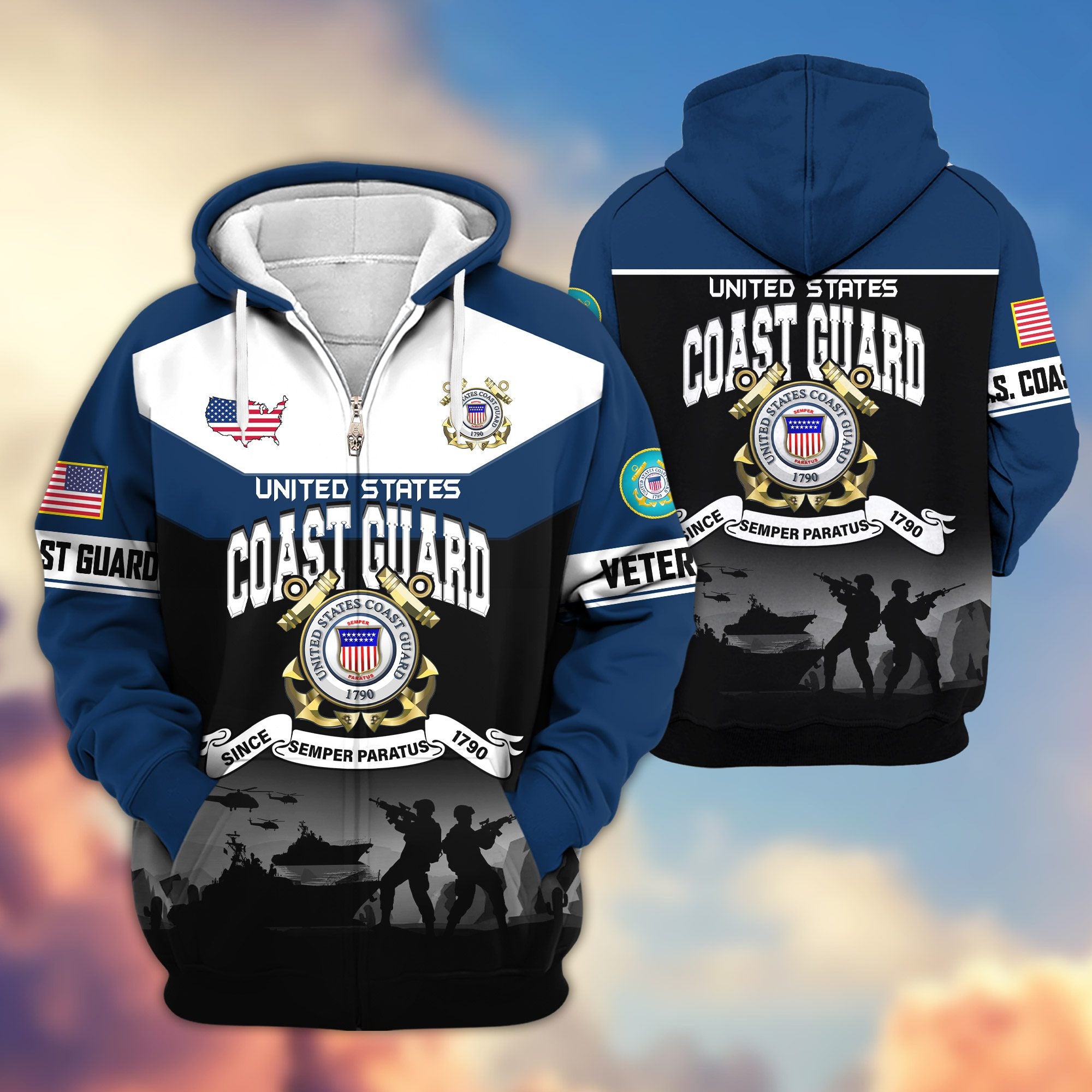 Premium US Veterans Zip Hoodie, Gifts For US Veterans, Gifts On Father's Day, Veterans Day.