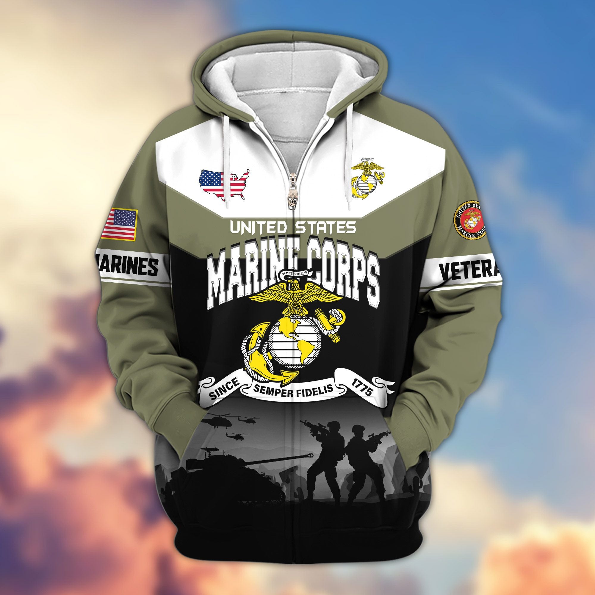 Premium US Veterans Zip Hoodie, Gifts For US Veterans, Gifts On Father's Day, Veterans Day.