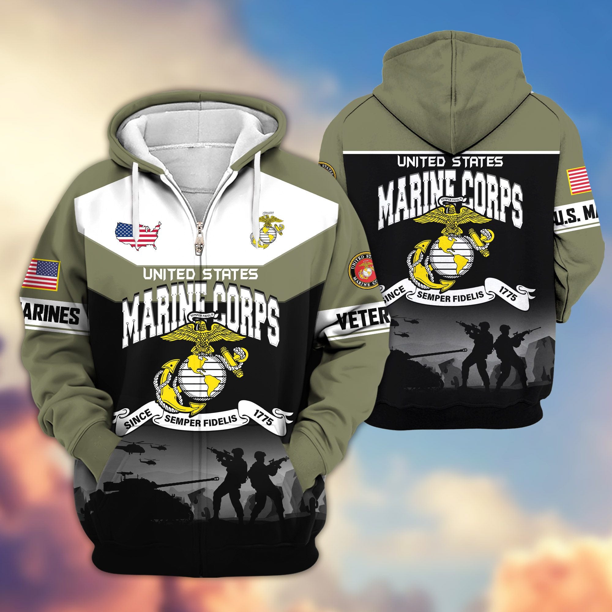 Premium US Veterans Zip Hoodie, Gifts For US Veterans, Gifts On Father's Day, Veterans Day.