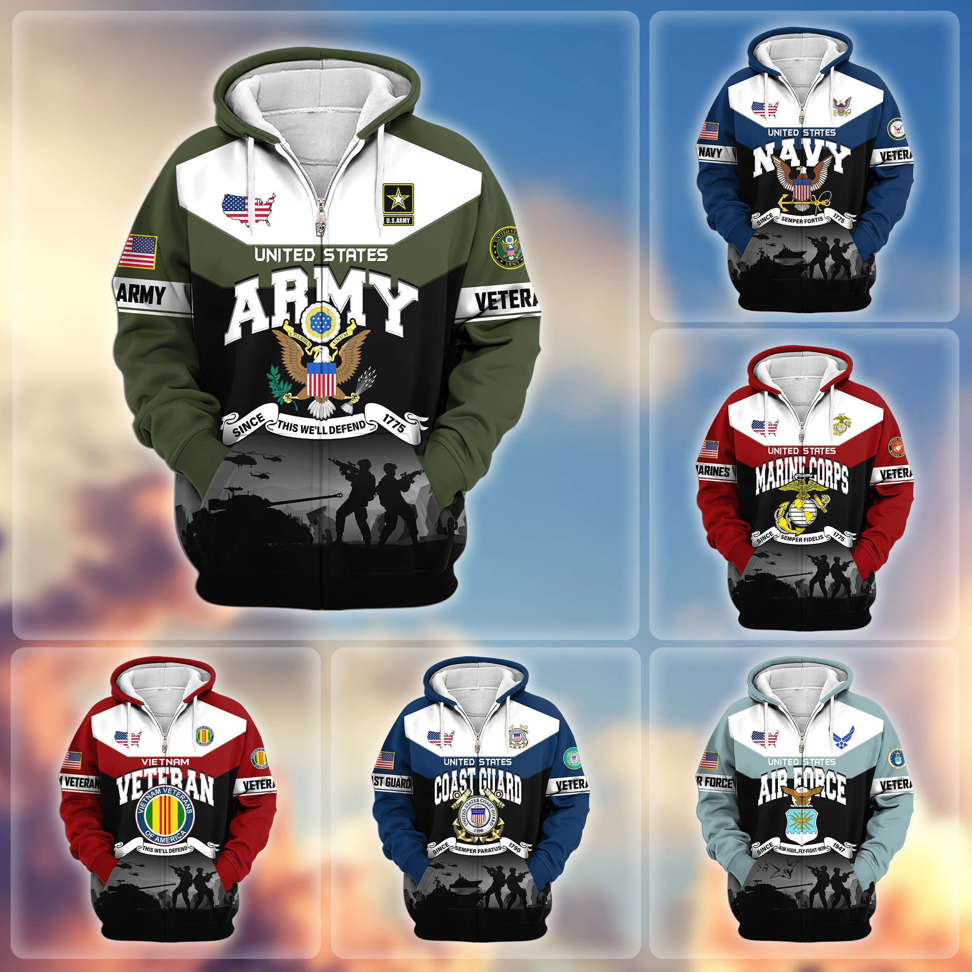 Premium US Veterans Zip Hoodie, Gifts For US Veterans, Gifts On Father's Day, Veterans Day.