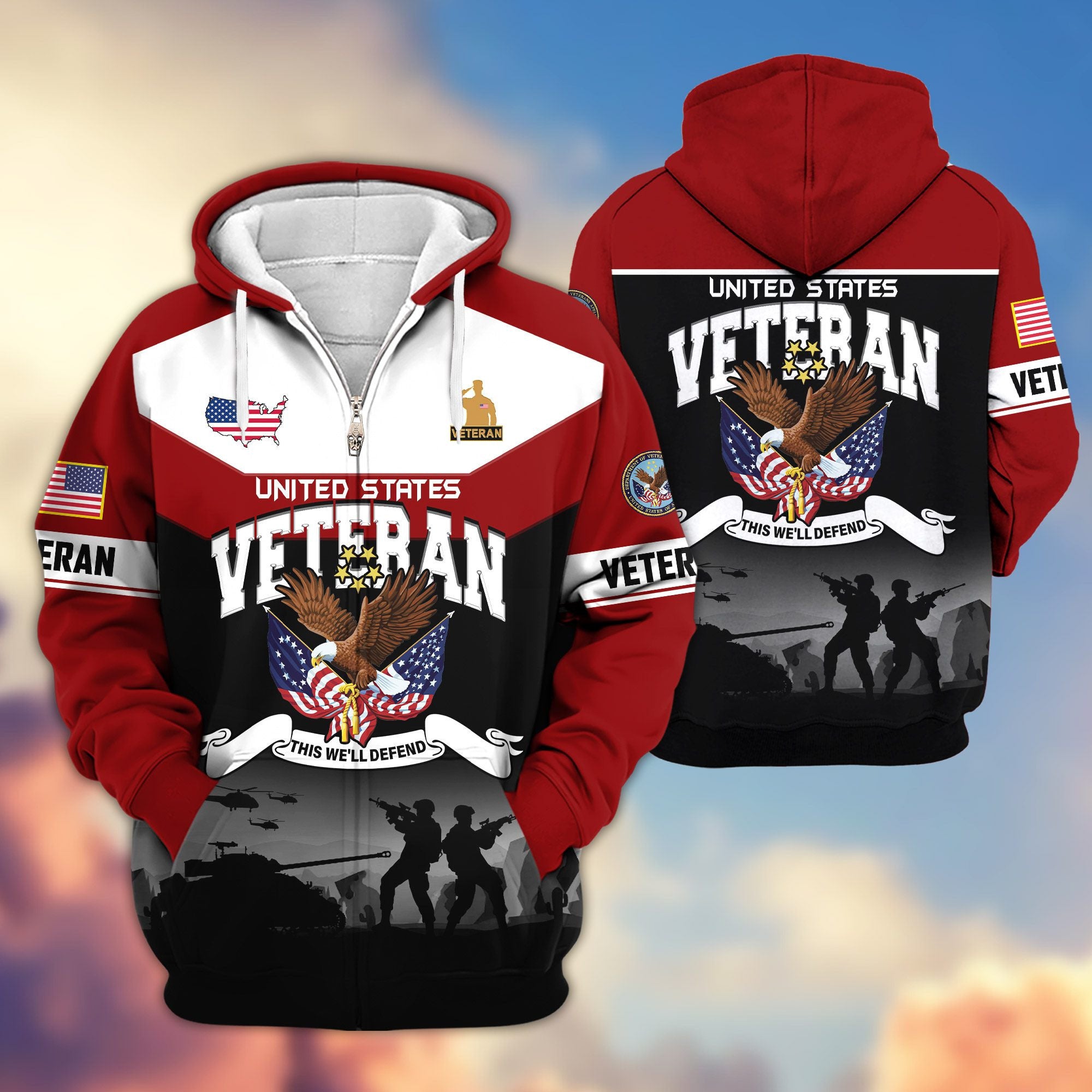 Premium US Veterans Zip Hoodie, Gifts For US Veterans, Gifts On Father's Day, Veterans Day.