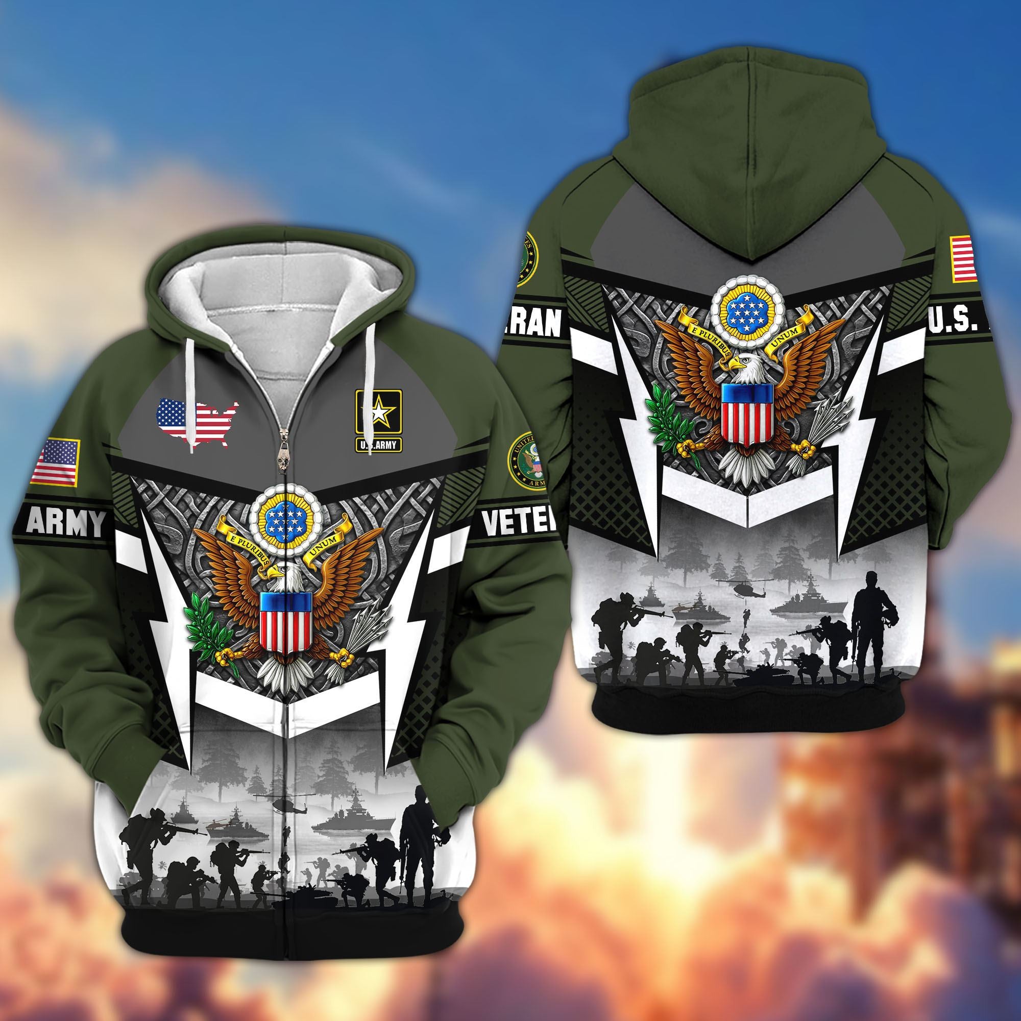 Premium US Veterans Zip Hoodie, Gifts For US Veterans, Gifts On Father's Day, Veterans Day.