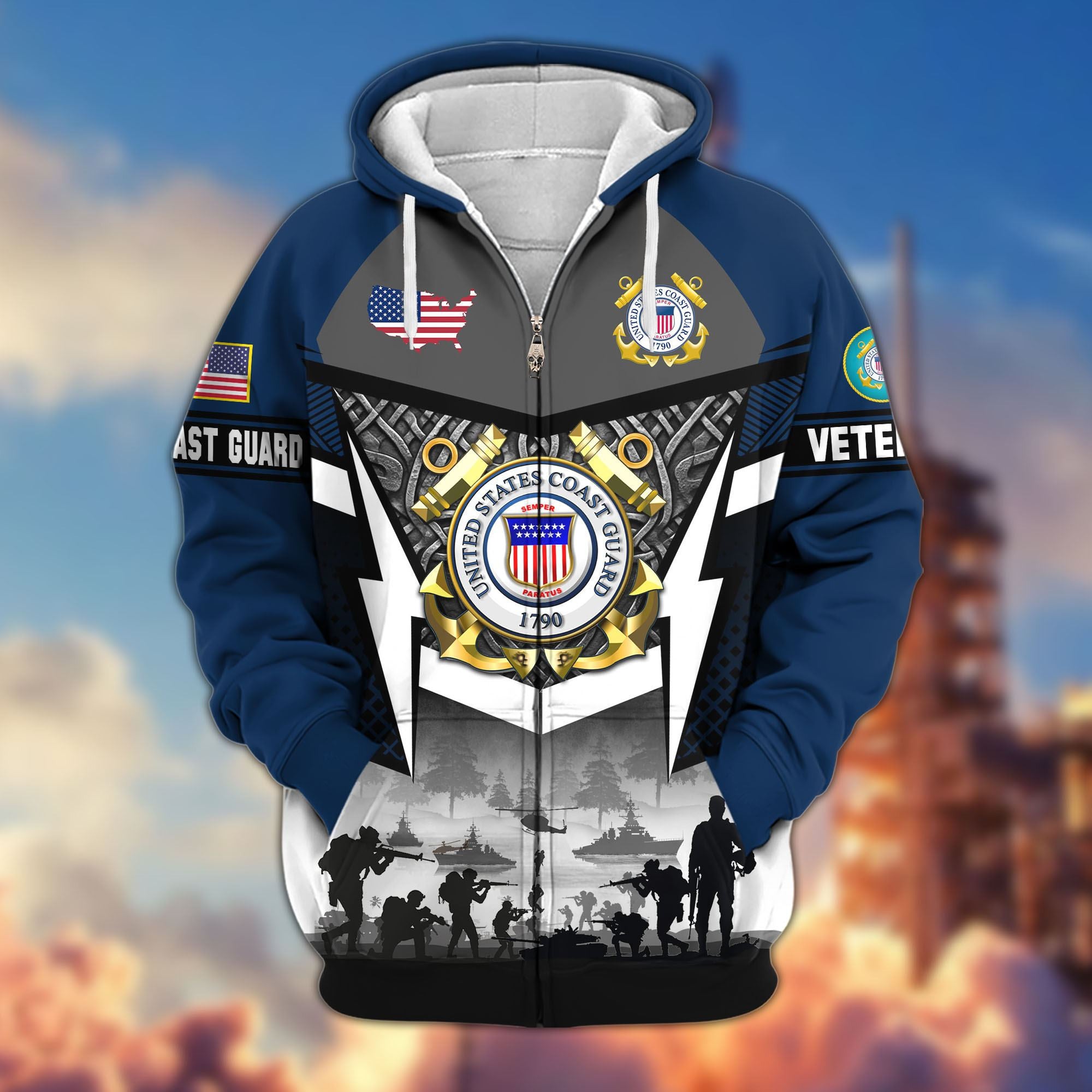 Premium US Veterans Zip Hoodie, Gifts For US Veterans, Gifts On Father's Day, Veterans Day.