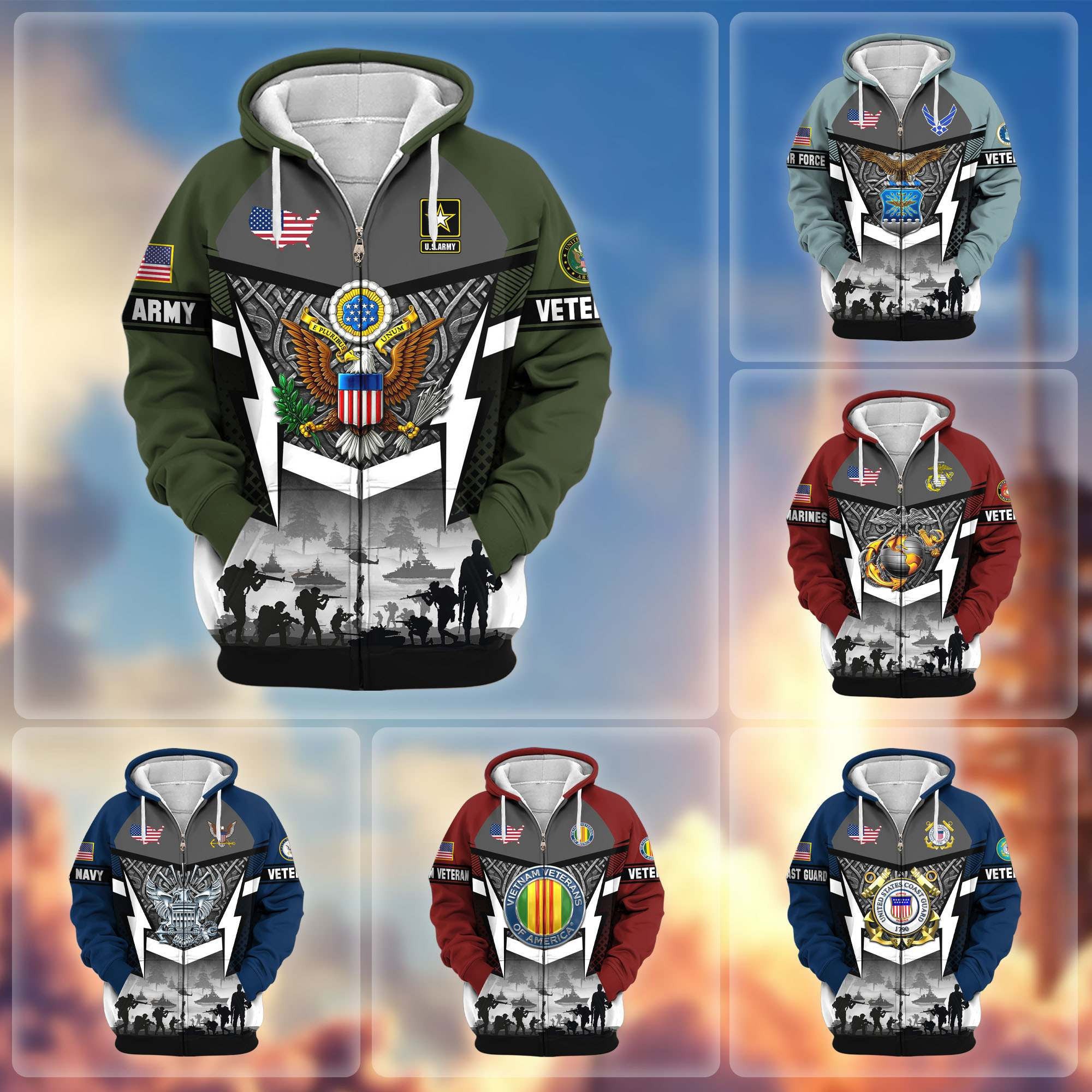 Premium US Veterans Zip Hoodie, Gifts For US Veterans, Gifts On Father's Day, Veterans Day.