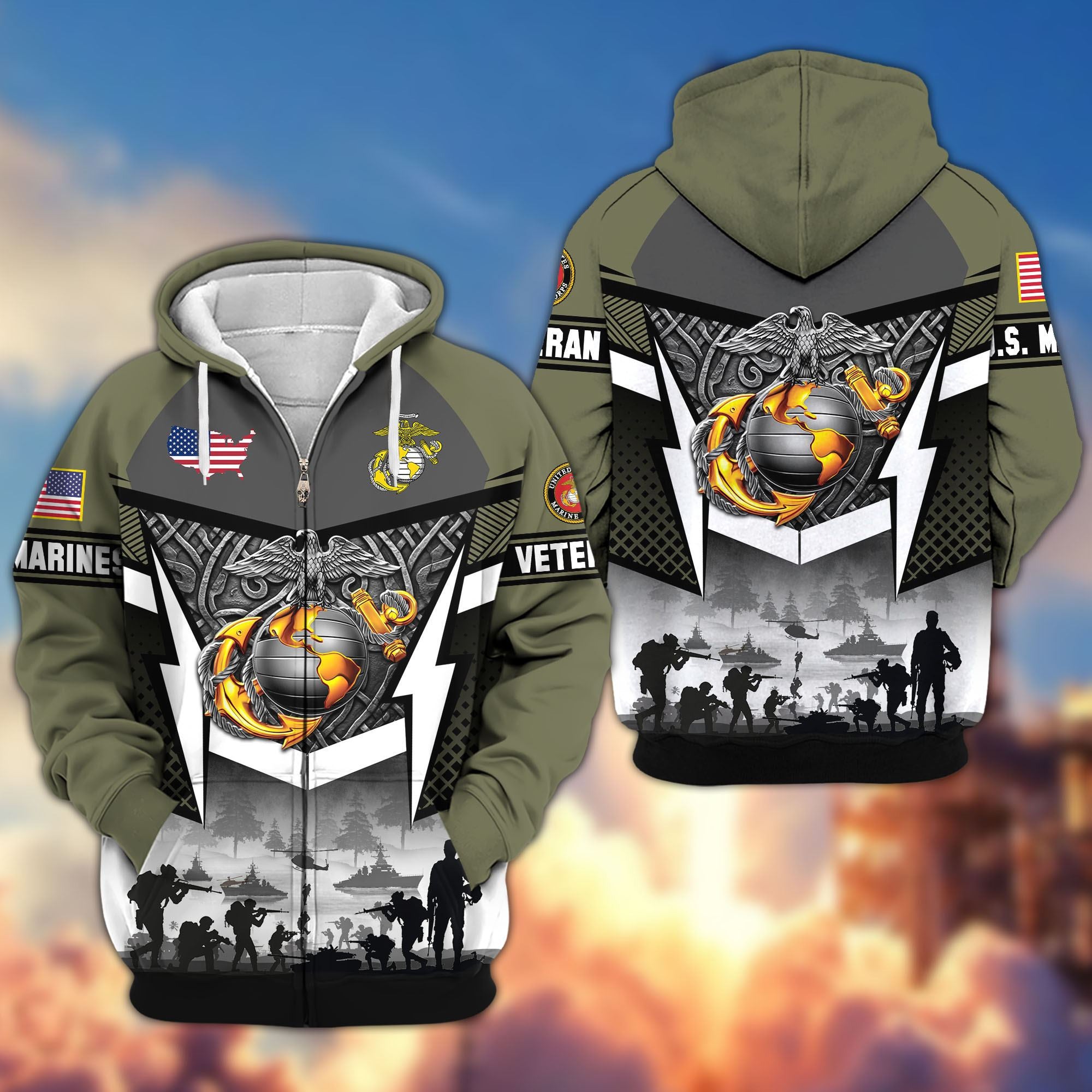 Premium US Veterans Zip Hoodie, Gifts For US Veterans, Gifts On Father's Day, Veterans Day.