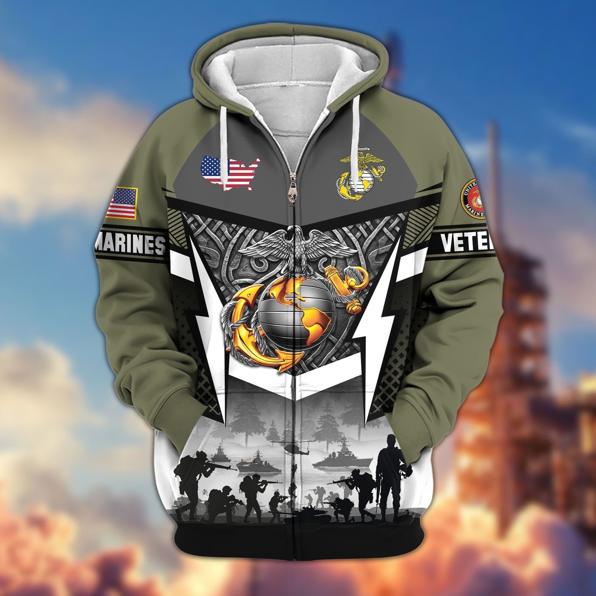 Premium US Veterans Zip Hoodie, Gifts For US Veterans, Gifts On Father's Day, Veterans Day.