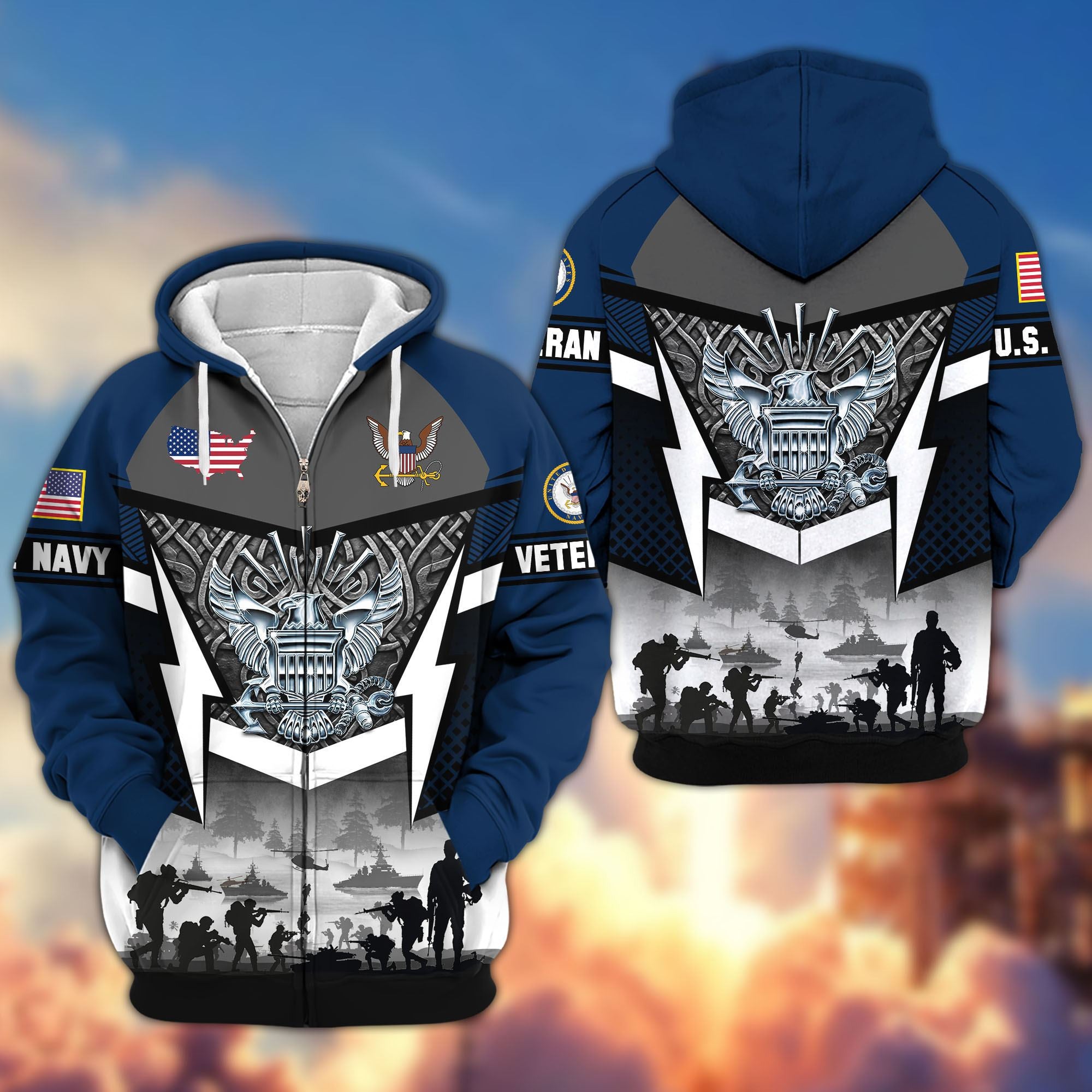 Premium US Veterans Zip Hoodie, Gifts For US Veterans, Gifts On Father's Day, Veterans Day.