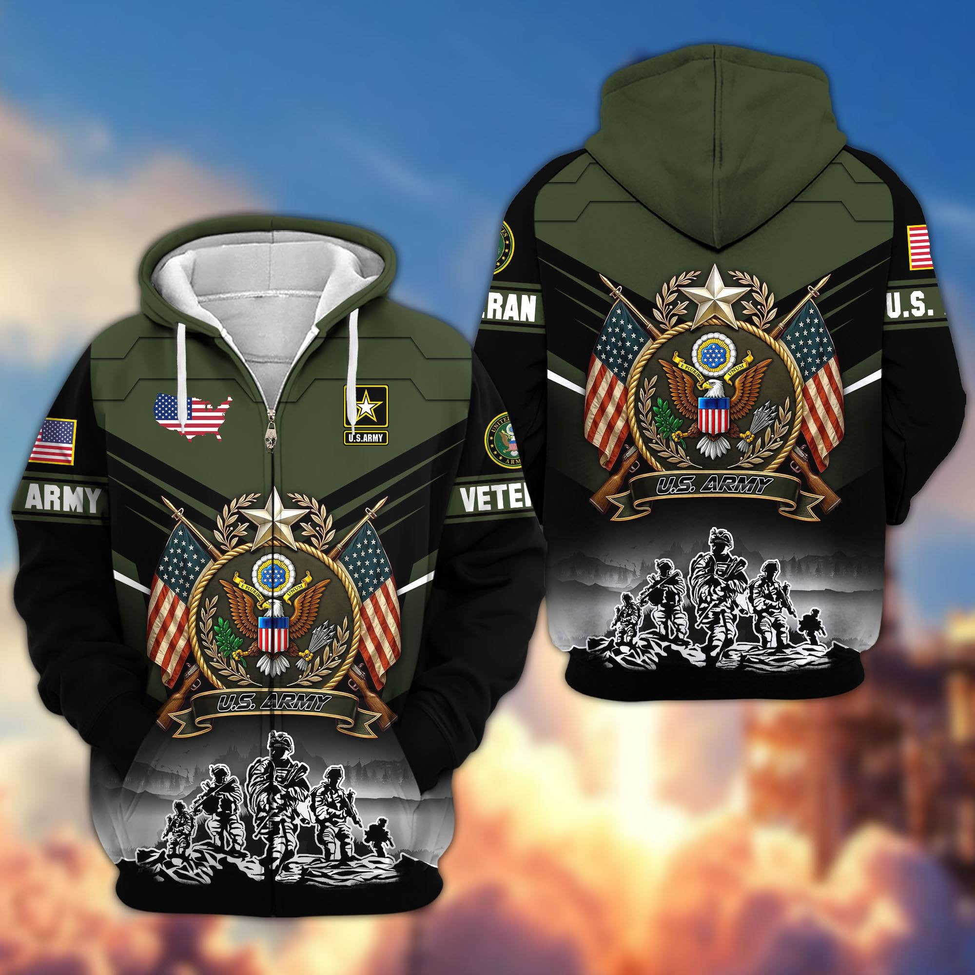 Premium US Veterans Zip Hoodie, Gifts For US Veterans, Gifts On Father's Day, Veterans Day.