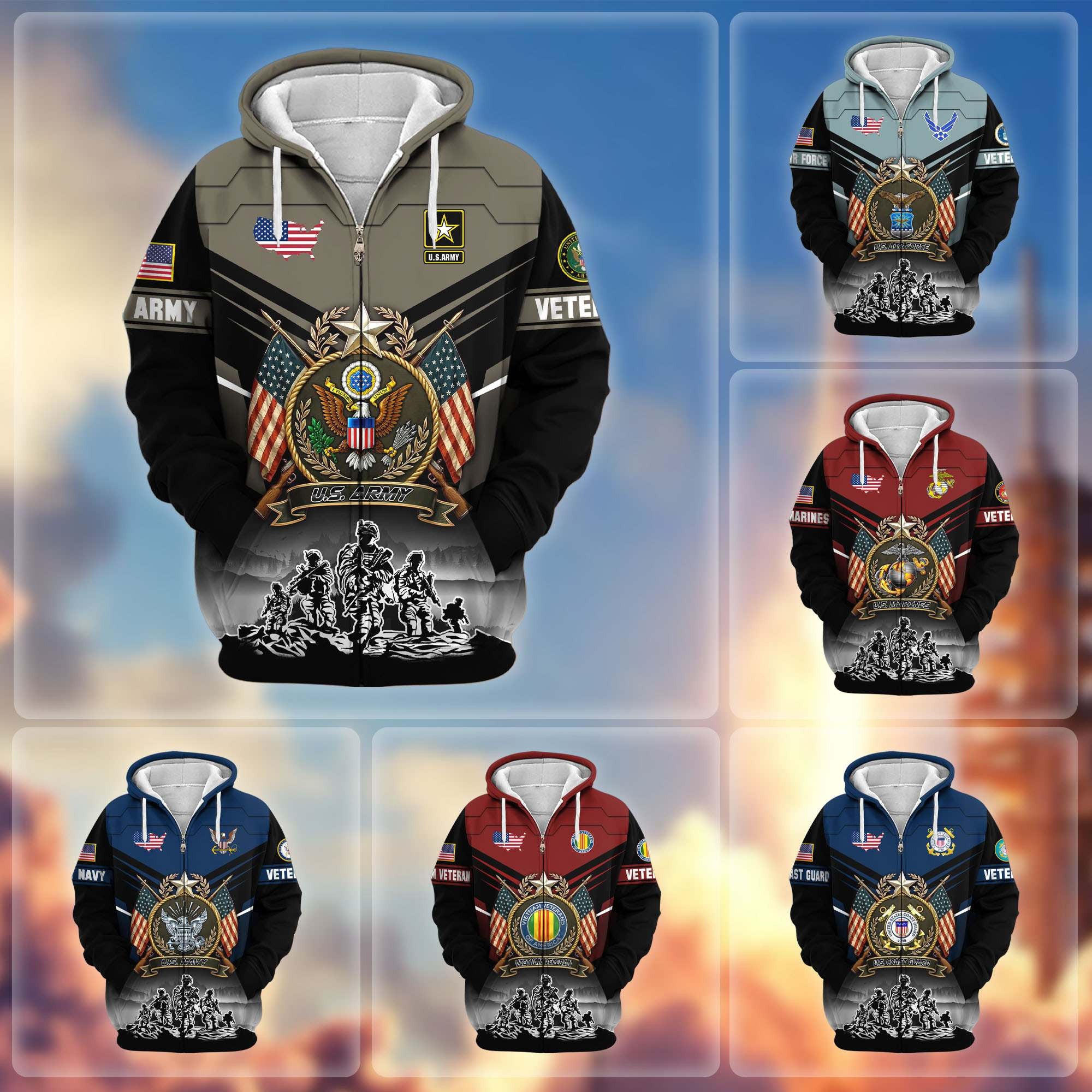 Premium US Veterans Zip Hoodie, Gifts For US Veterans, Gifts On Father's Day, Veterans Day.