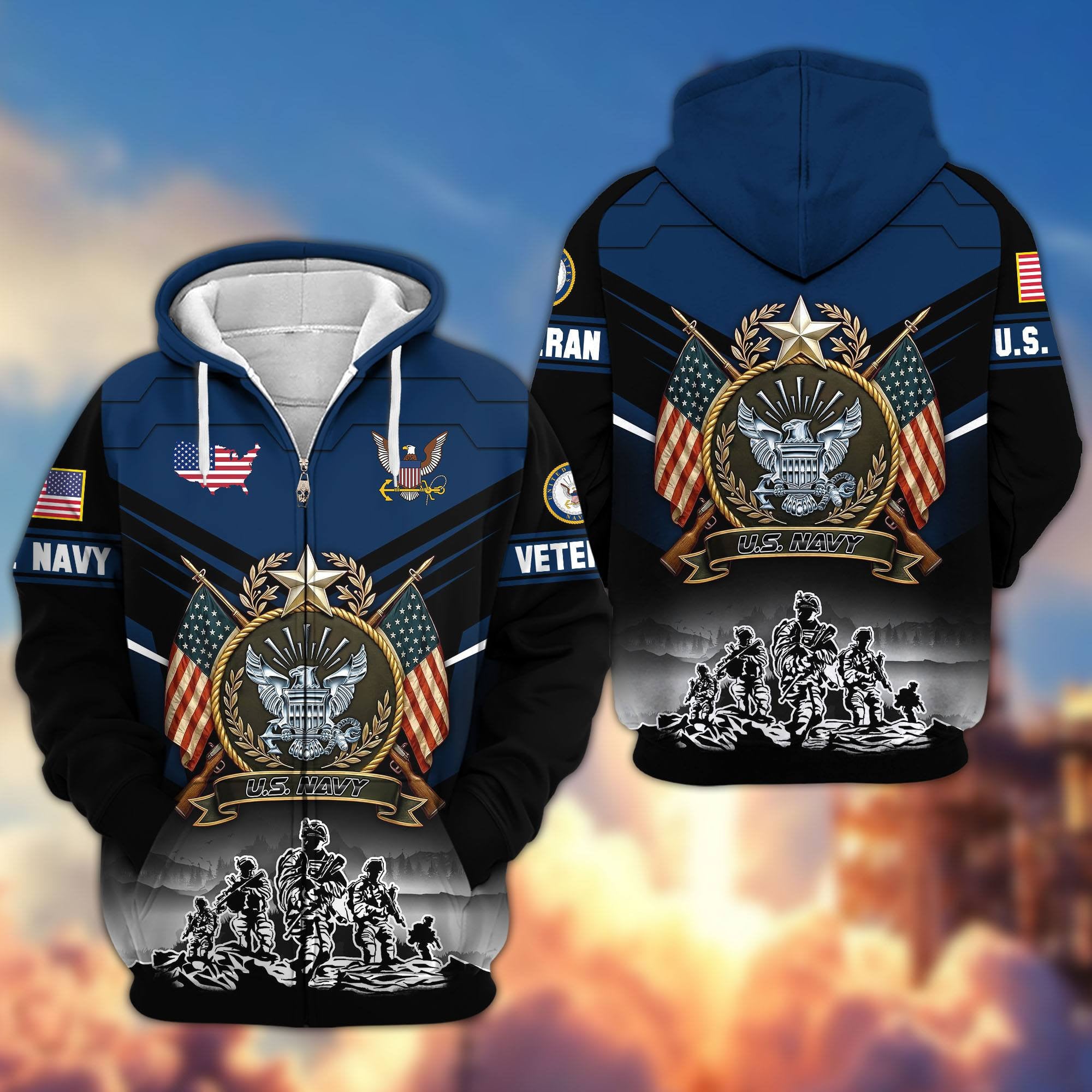 Premium US Veterans Zip Hoodie, Gifts For US Veterans, Gifts On Father's Day, Veterans Day.