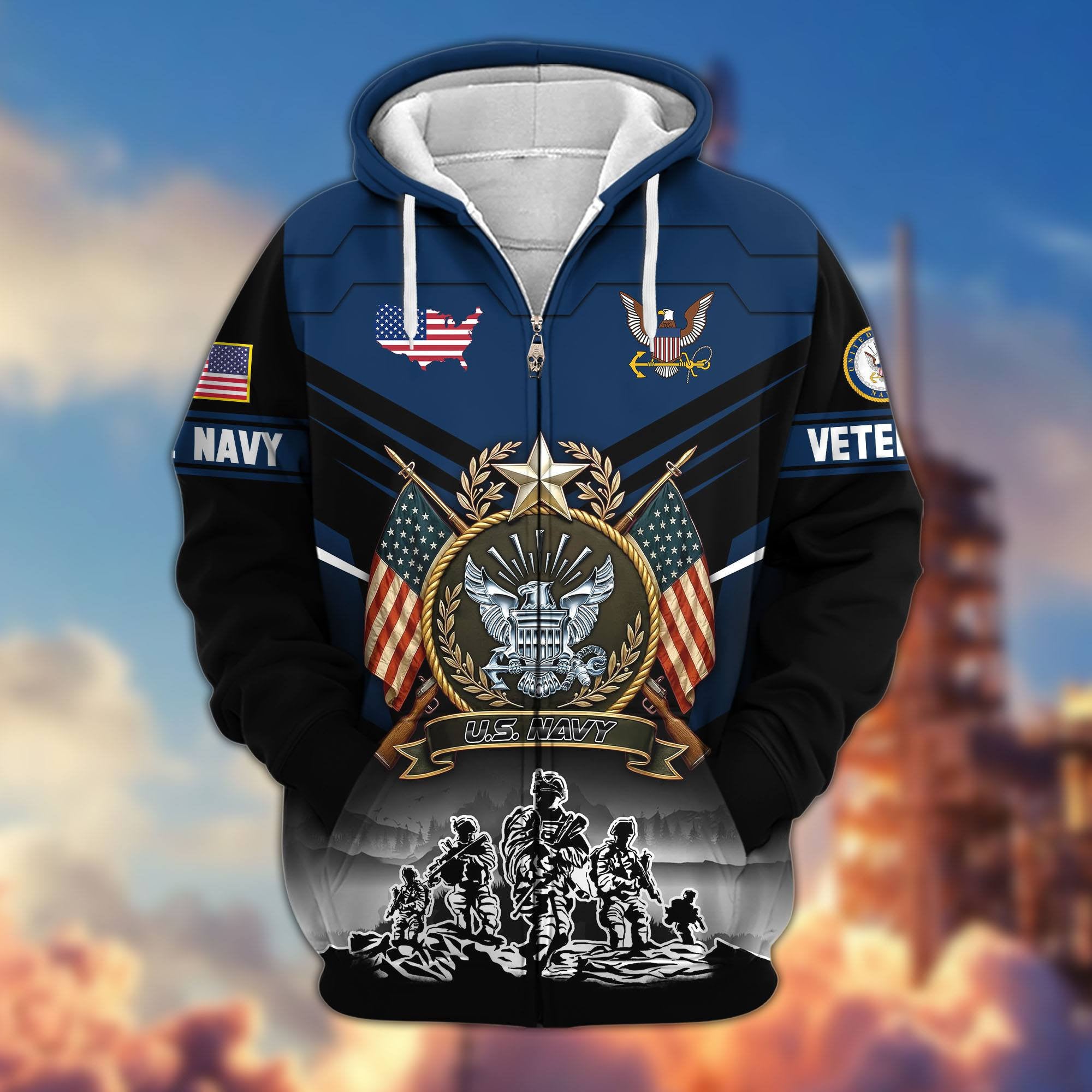 Premium US Veterans Zip Hoodie, Gifts For US Veterans, Gifts On Father's Day, Veterans Day.