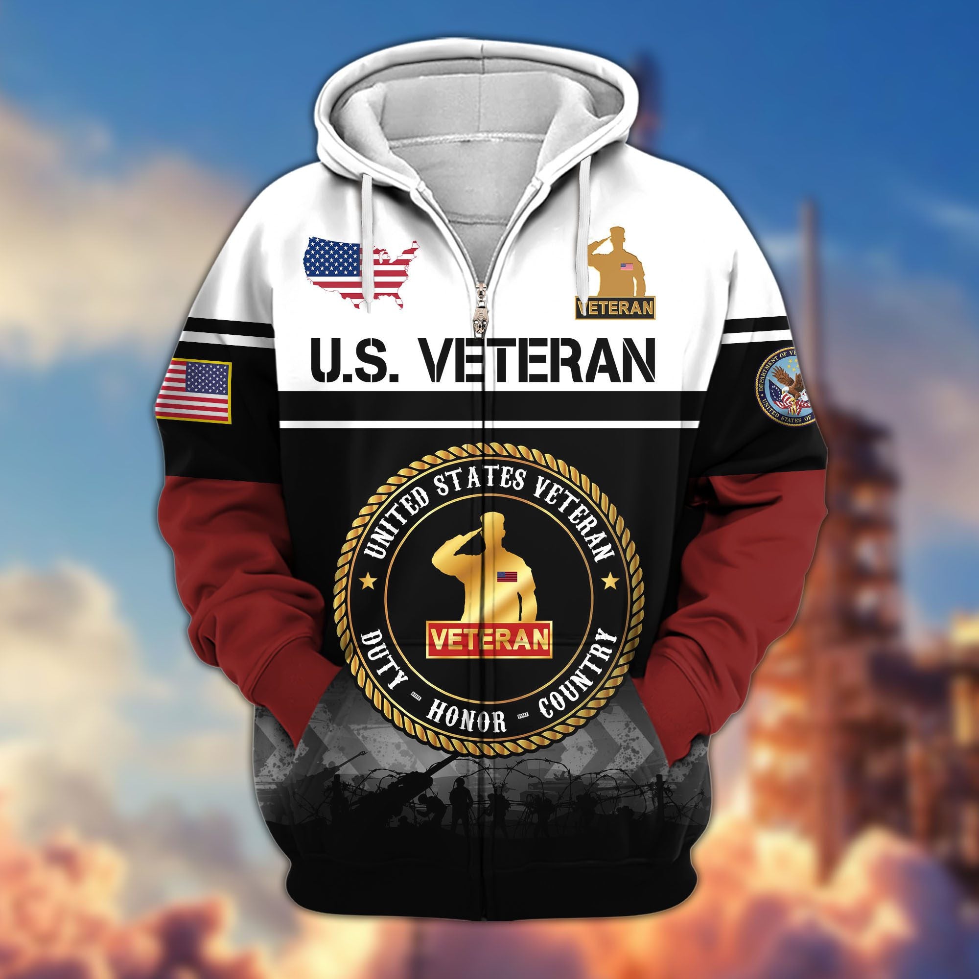 Premium US Veterans Zip Hoodie, Gifts For US Veterans, Gifts On Father's Day, Veterans Day.