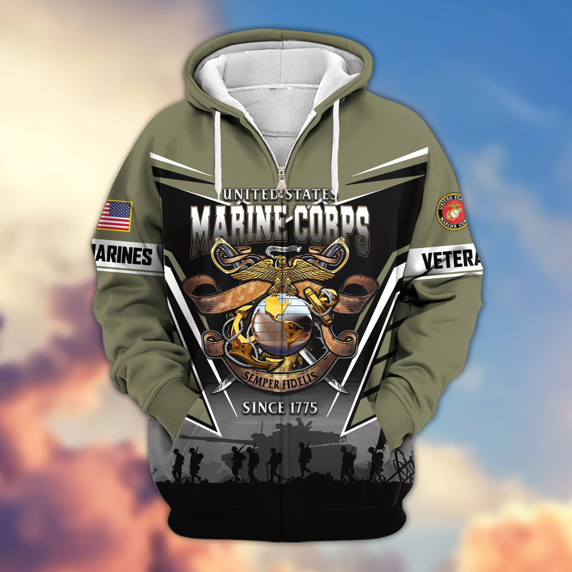 Premium US Veterans Zip Hoodie, Gifts For US Veterans, Gifts On Father's Day, Veterans Day.