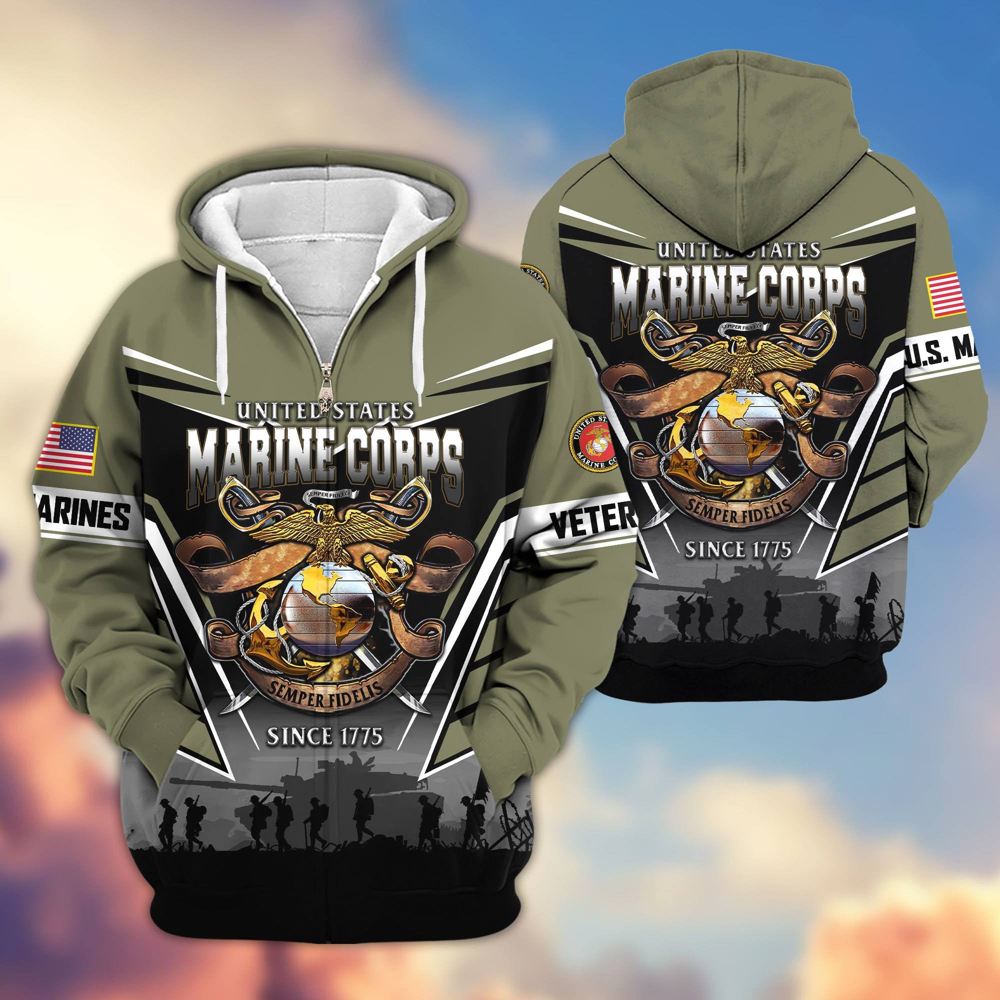 Premium US Veterans Zip Hoodie, Gifts For US Veterans, Gifts On Father's Day, Veterans Day.