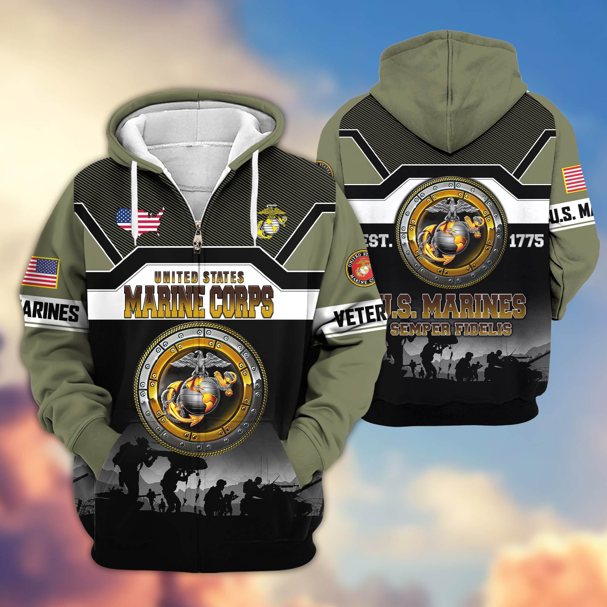 Premium US Veterans Zip Hoodie, Gifts For US Veterans, Gifts On Father's Day, Veterans Day.