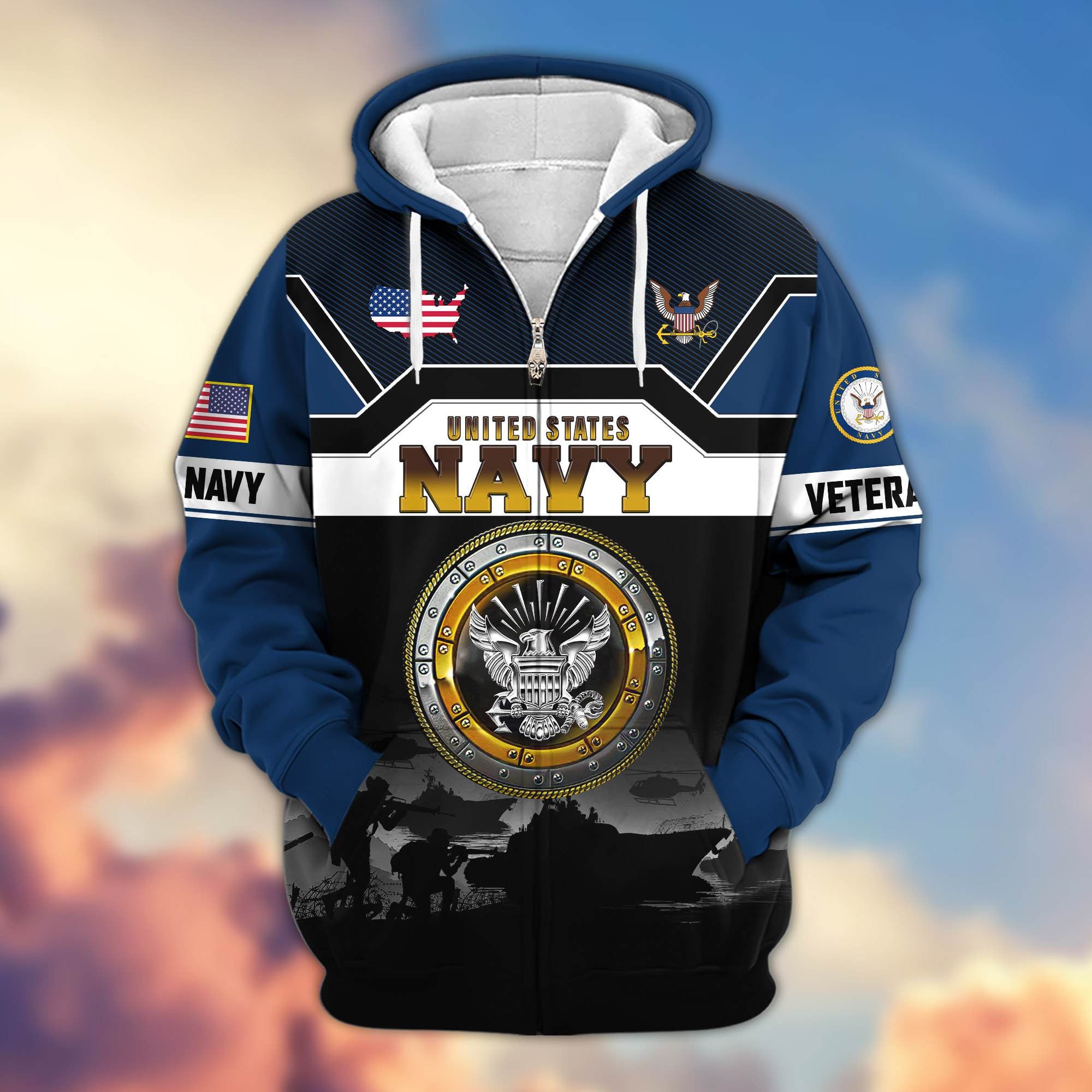 Premium US Veterans Zip Hoodie, Gifts For US Veterans, Gifts On Father's Day, Veterans Day.