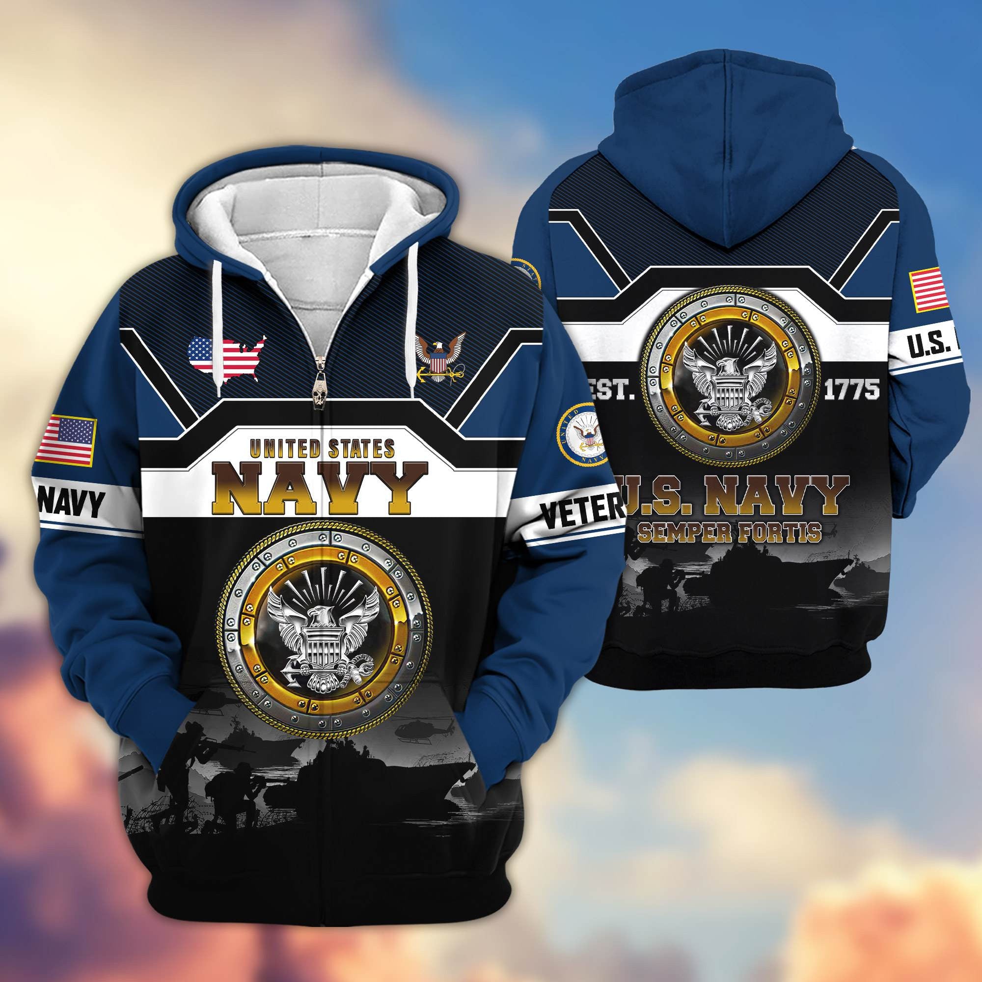 Premium US Veterans Zip Hoodie, Gifts For US Veterans, Gifts On Father's Day, Veterans Day.