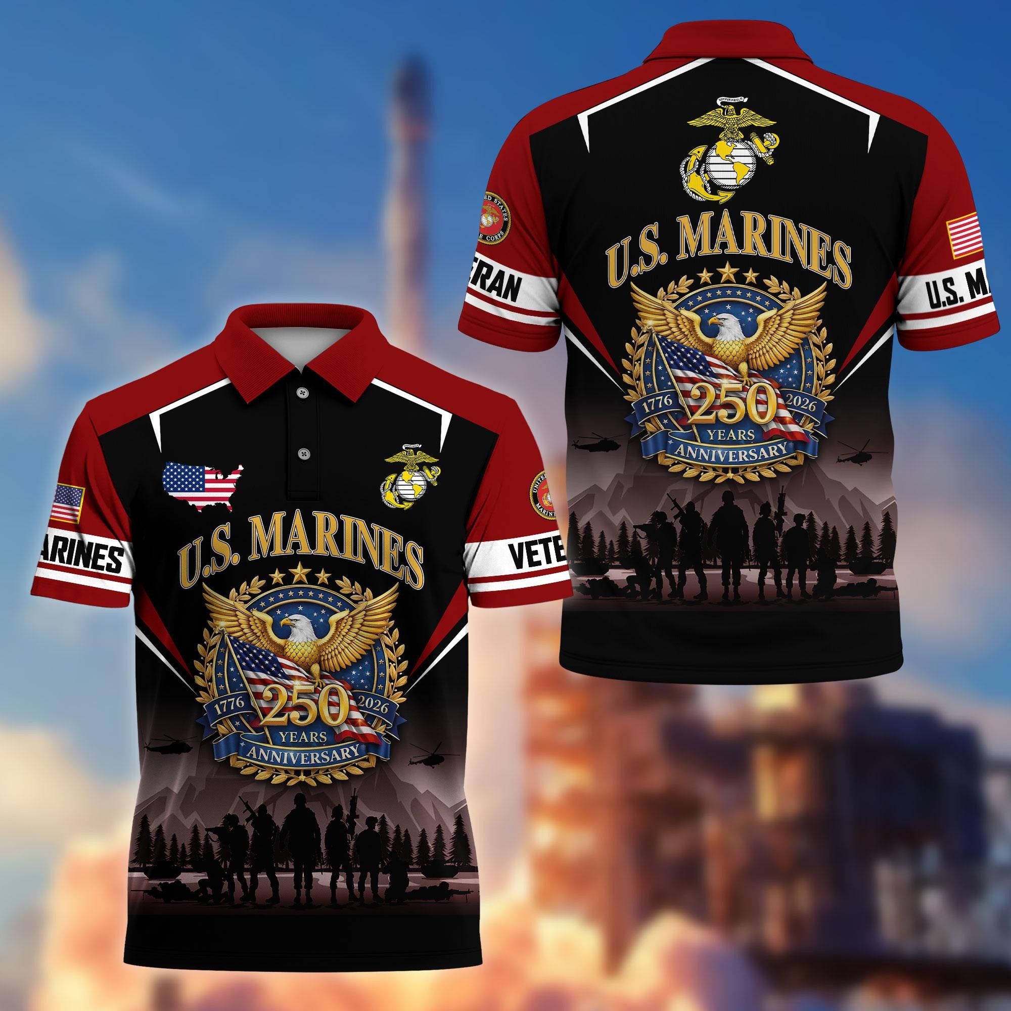 Premium America 250th Anniversary US Veteran Polo Shirt, Gifts for U.S. Veterans, Gifts for Independence Day, Veterans Day
