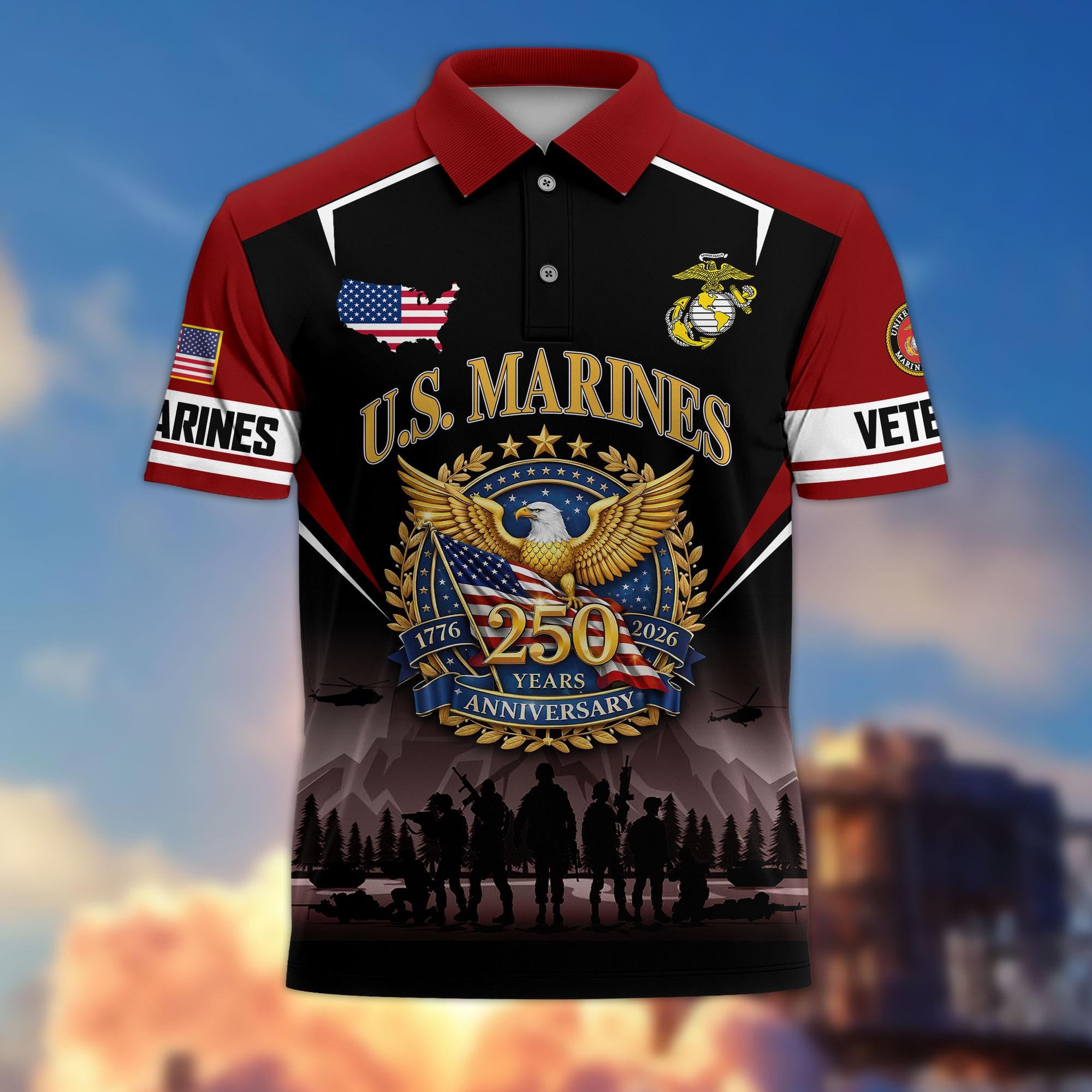 Premium America 250th Anniversary US Veteran Polo Shirt, Gifts for U.S. Veterans, Gifts for Independence Day, Veterans Day