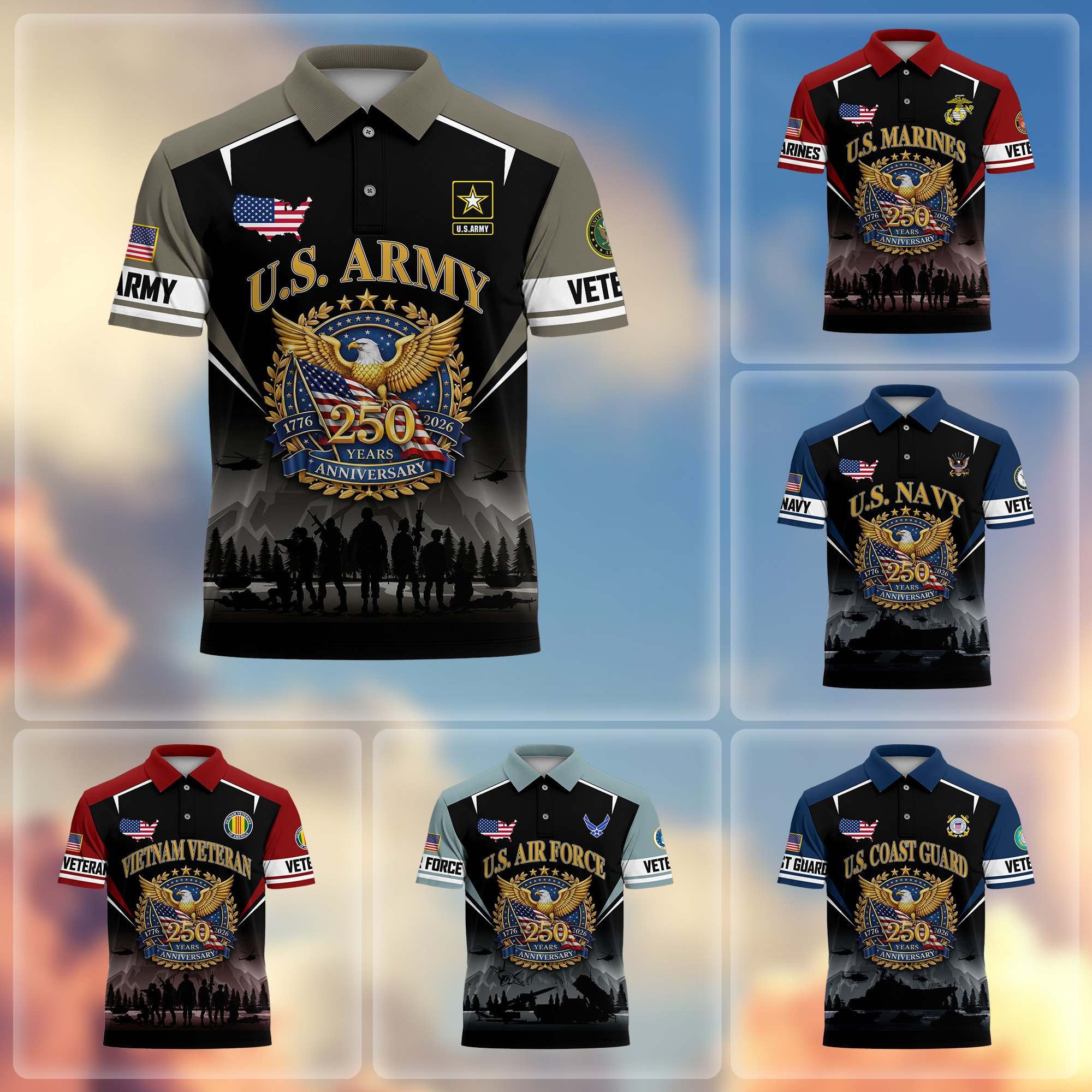 Premium America 250th Anniversary US Veteran Polo Shirt, Gifts for U.S. Veterans, Gifts for Independence Day, Veterans Day