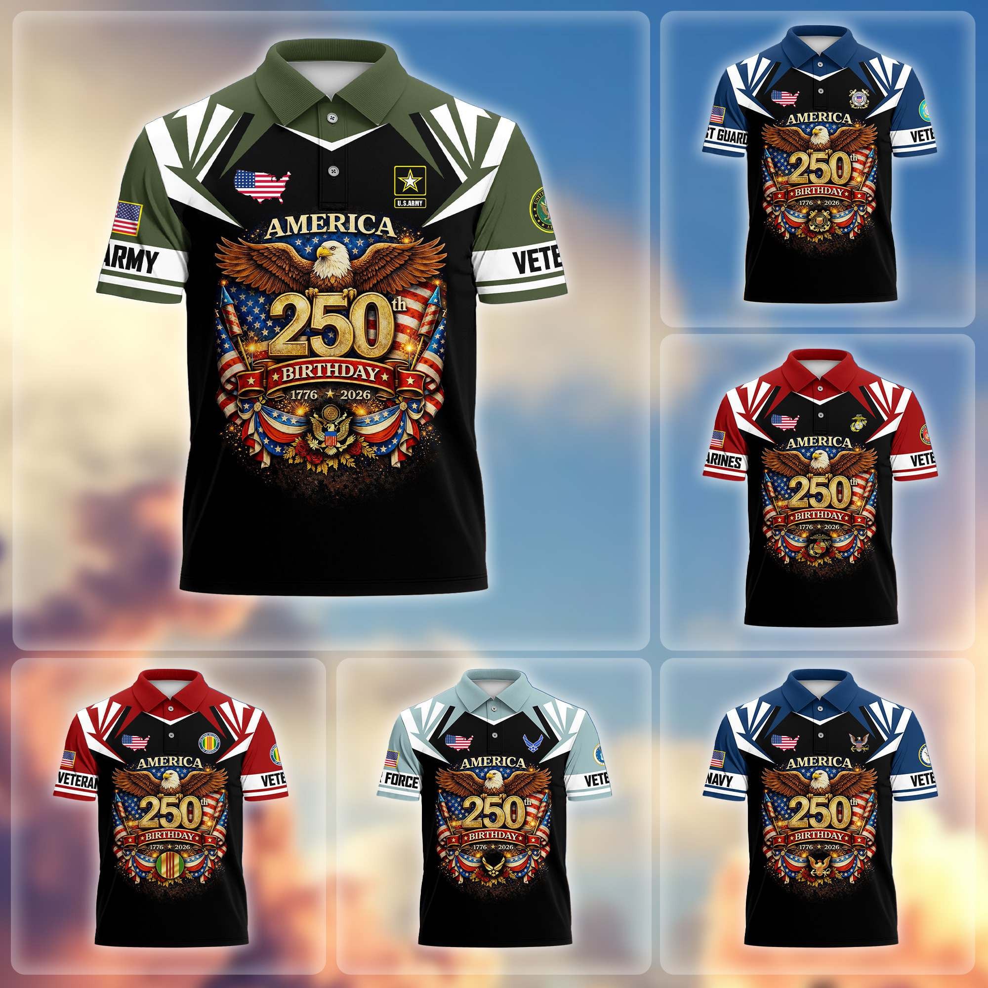 Premium America 250th Anniversary US Veteran Polo Shirt, Gifts for U.S. Veterans, Gifts for Independence Day, Veterans Day