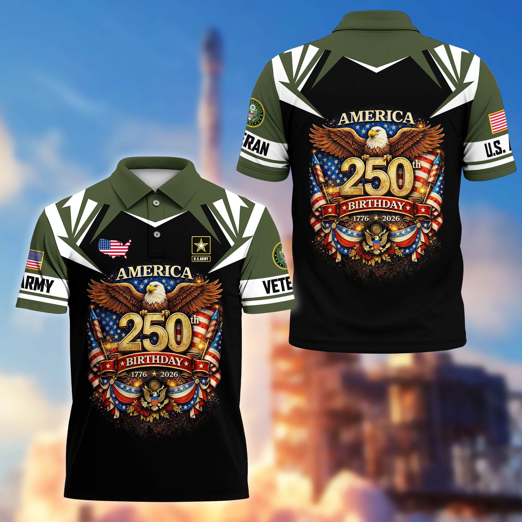 Premium America 250th Anniversary US Veteran Polo Shirt, Gifts for U.S. Veterans, Gifts for Independence Day, Veterans Day