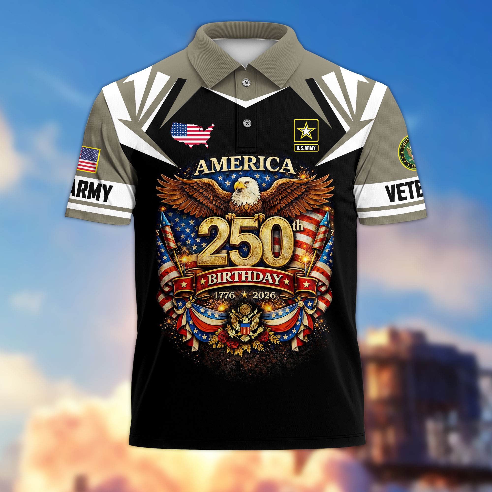 Premium America 250th Anniversary US Veteran Polo Shirt, Gifts for U.S. Veterans, Gifts for Independence Day, Veterans Day
