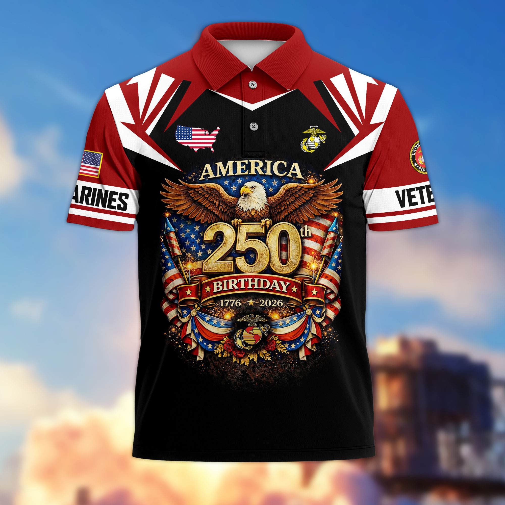 Premium America 250th Anniversary US Veteran Polo Shirt, Gifts for U.S. Veterans, Gifts for Independence Day, Veterans Day