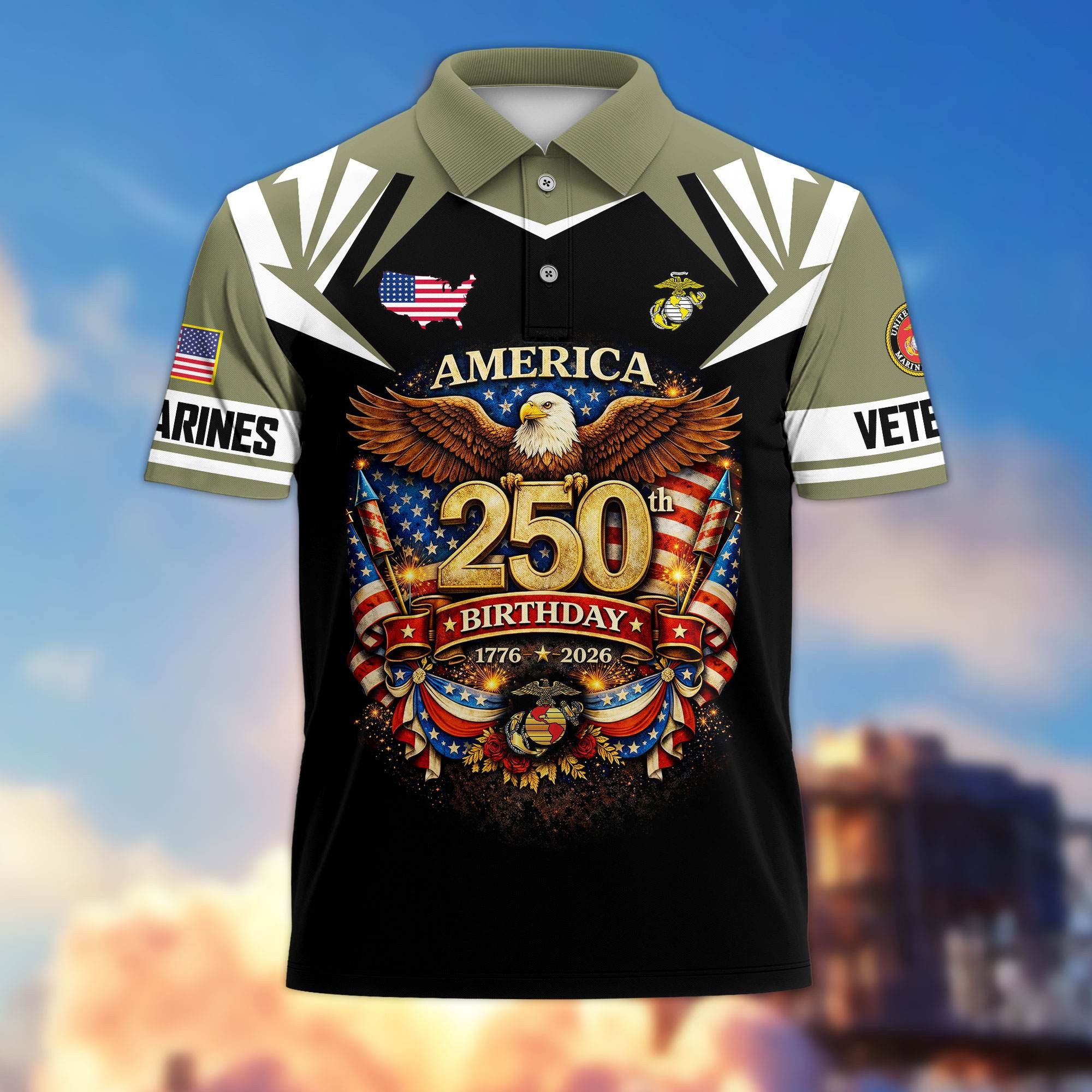 Premium America 250th Anniversary US Veteran Polo Shirt, Gifts for U.S. Veterans, Gifts for Independence Day, Veterans Day