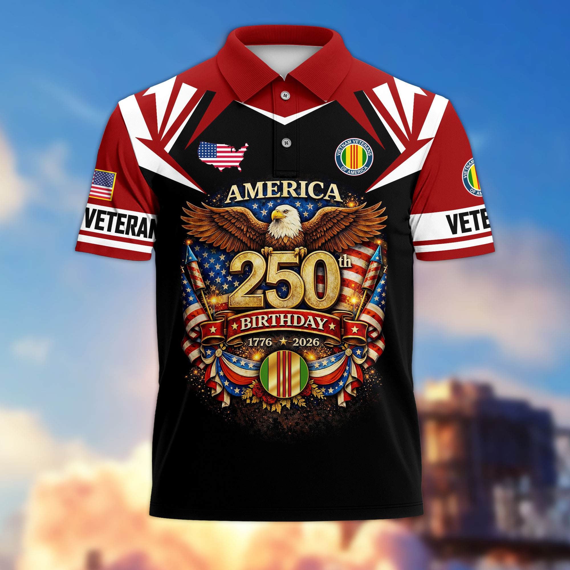 Premium America 250th Anniversary US Veteran Polo Shirt, Gifts for U.S. Veterans, Gifts for Independence Day, Veterans Day