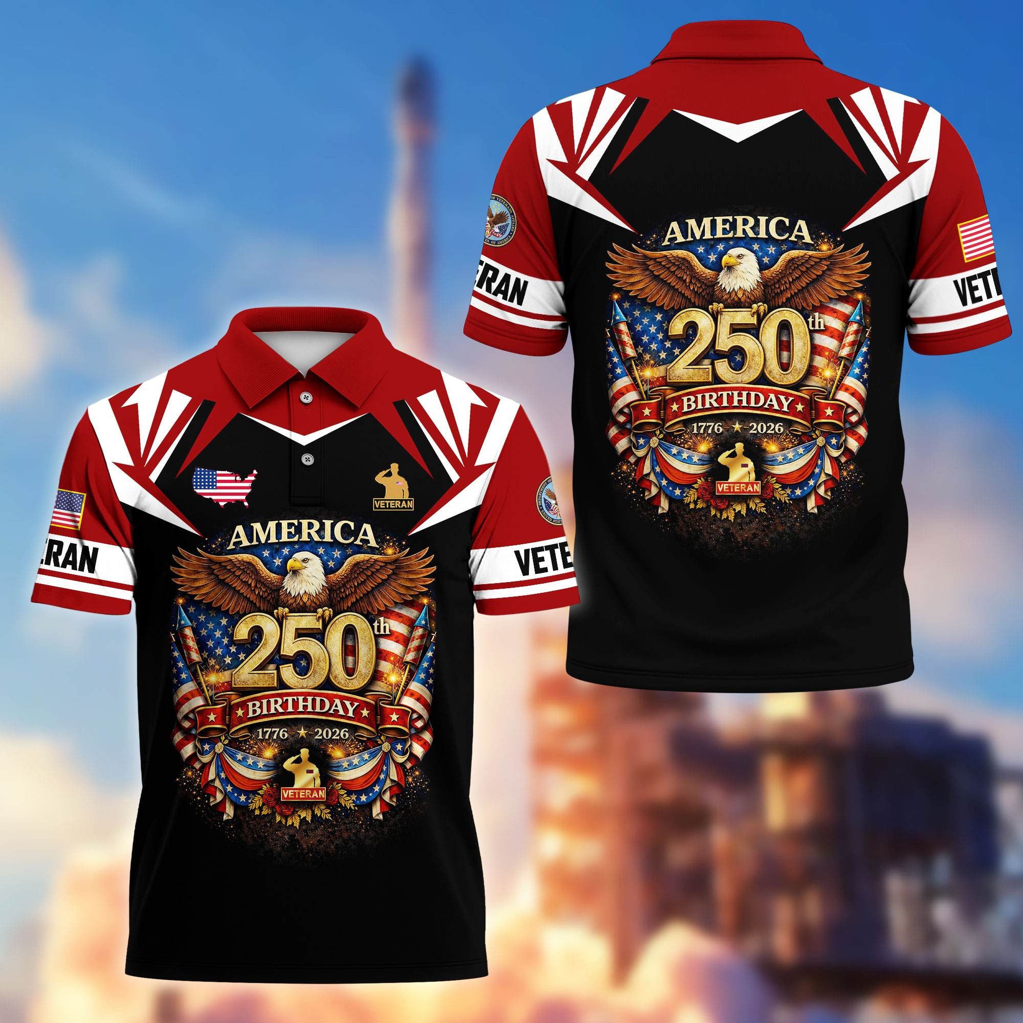 Premium America 250th Anniversary US Veteran Polo Shirt, Gifts for U.S. Veterans, Gifts for Independence Day, Veterans Day