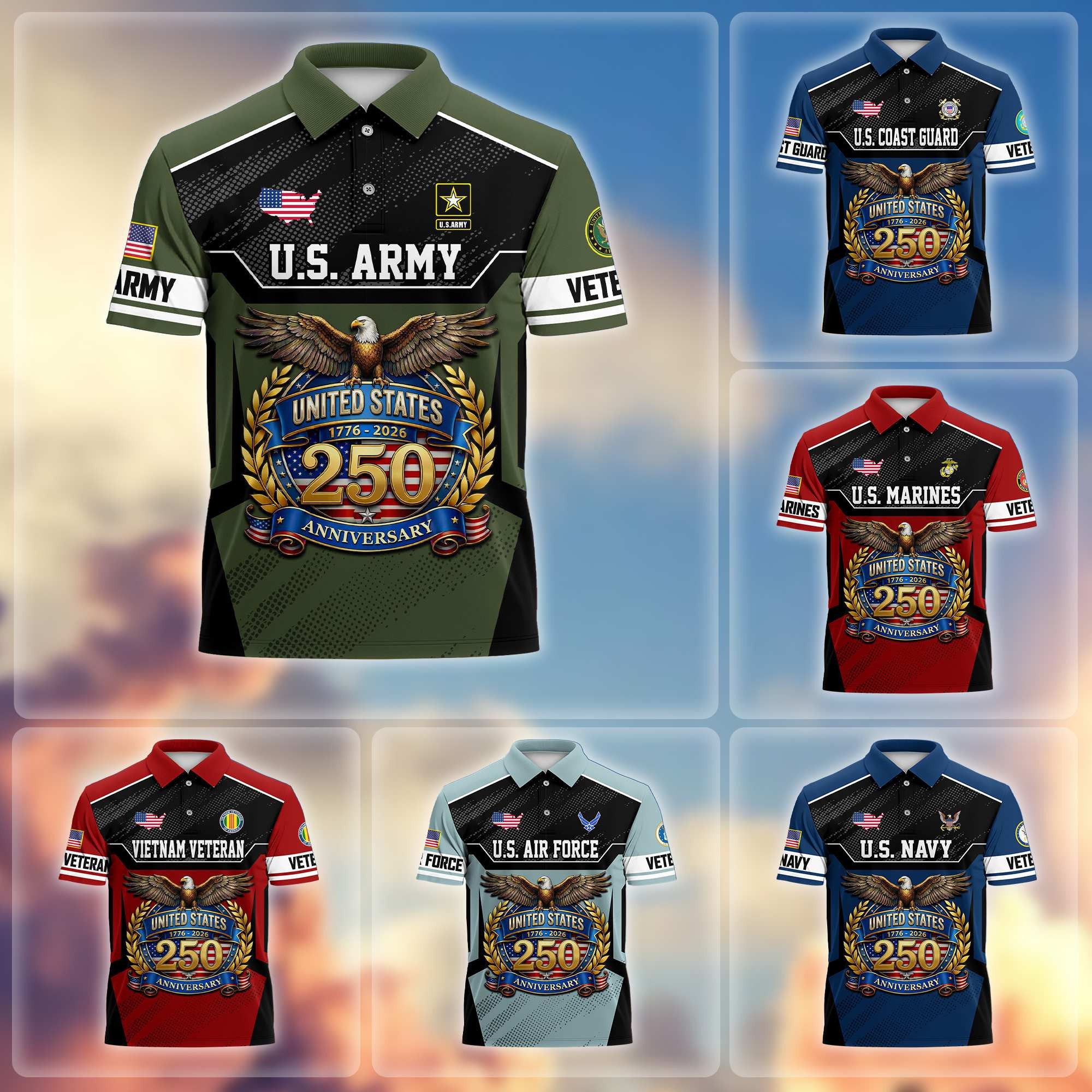 Premium America 250th Anniversary US Veteran Polo Shirt, Gifts for U.S. Veterans, Gifts for Independence Day, Veterans Day